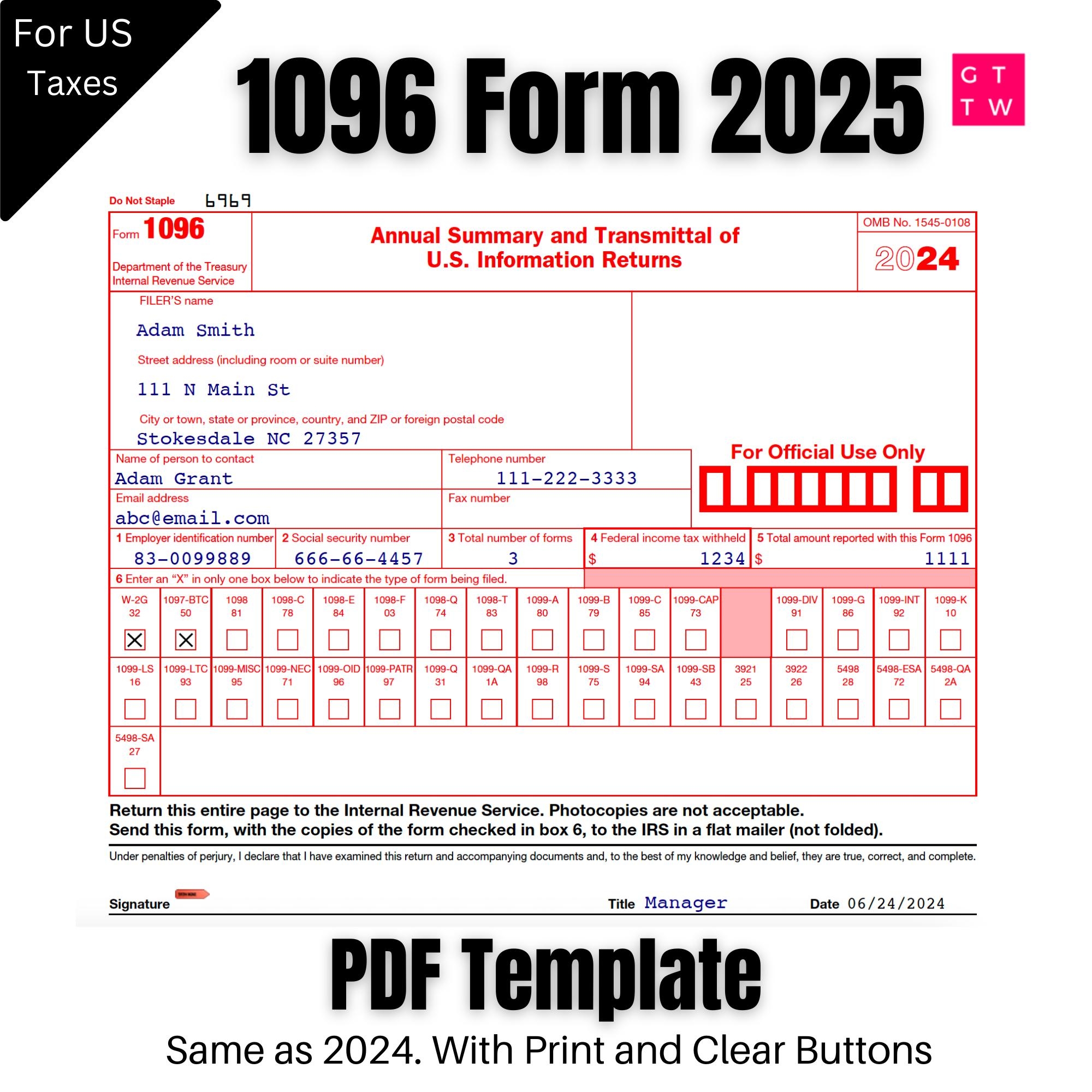 1096 IRS PDF Fillable Template 2024 2025 With Print And Clear Buttons Courier Font Digital Download Etsy