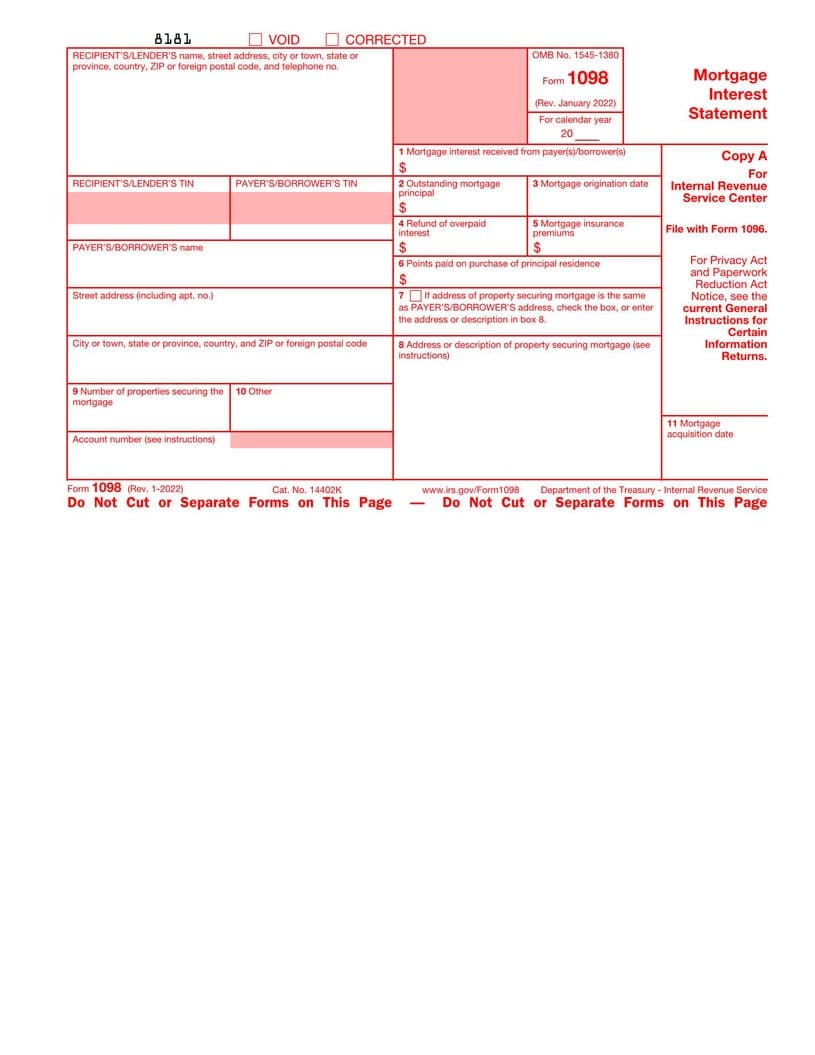 1098 Form Mortgage Interest Statement Fillable Form