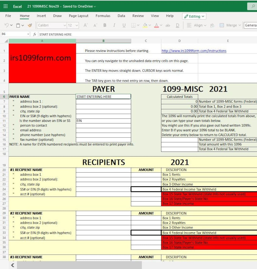 1099 MISC Excel Template For Printing Onto IRS Form updated For 2023 Taxes Etsy