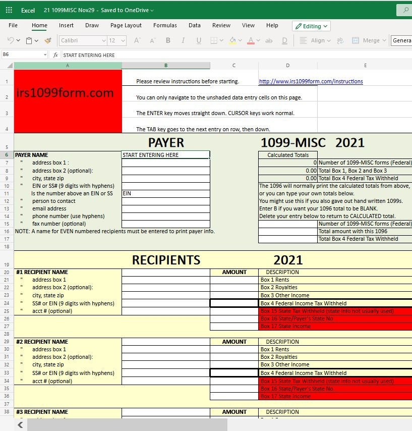 1099 MISC Excel Template For Printing Onto IRS Form updated For 