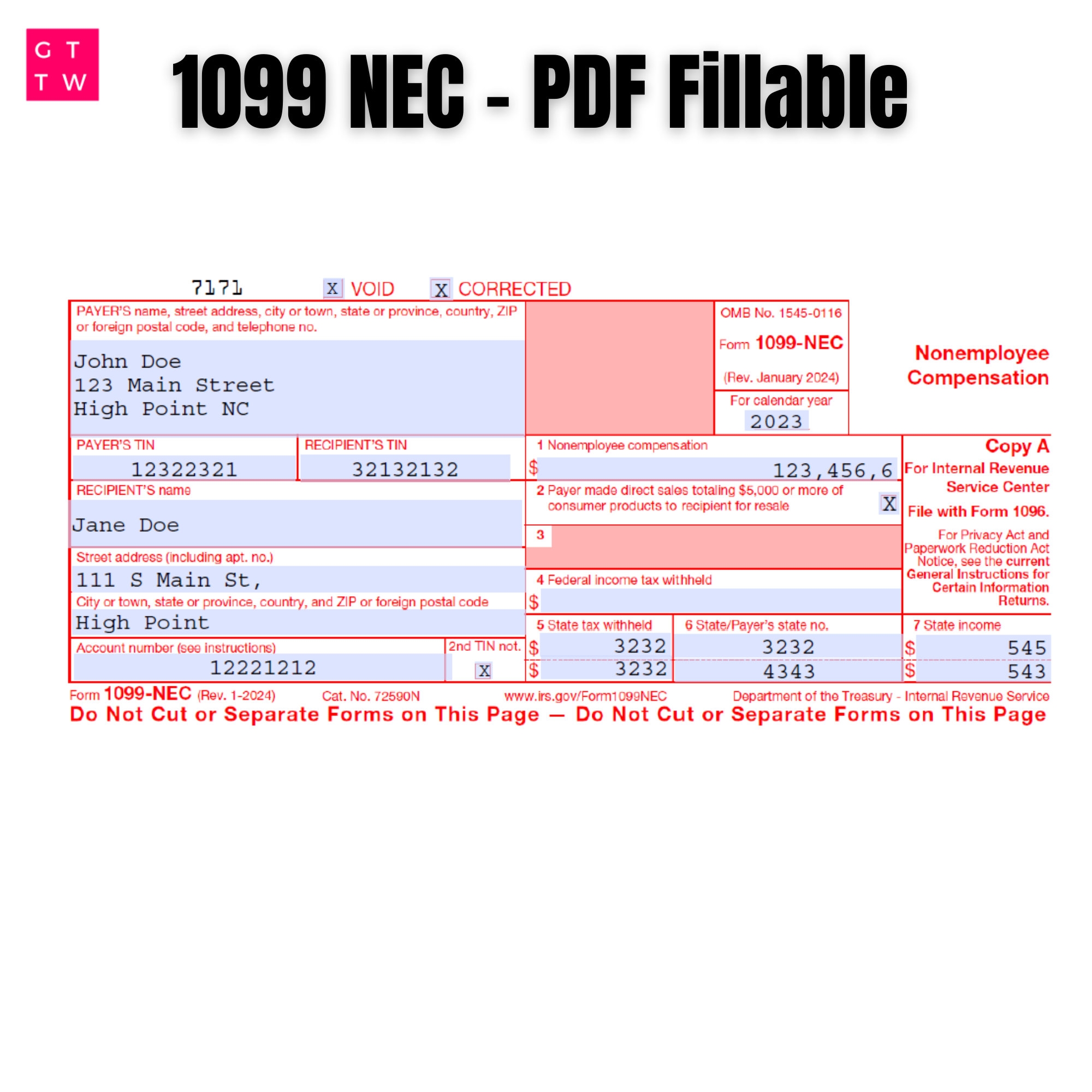 1099 NEC Editable PDF Fillable Template 2024 With Print And 
