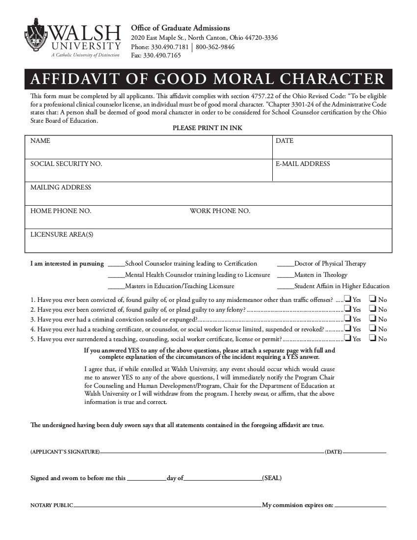 Free Printable Affidavit Of Character Forms