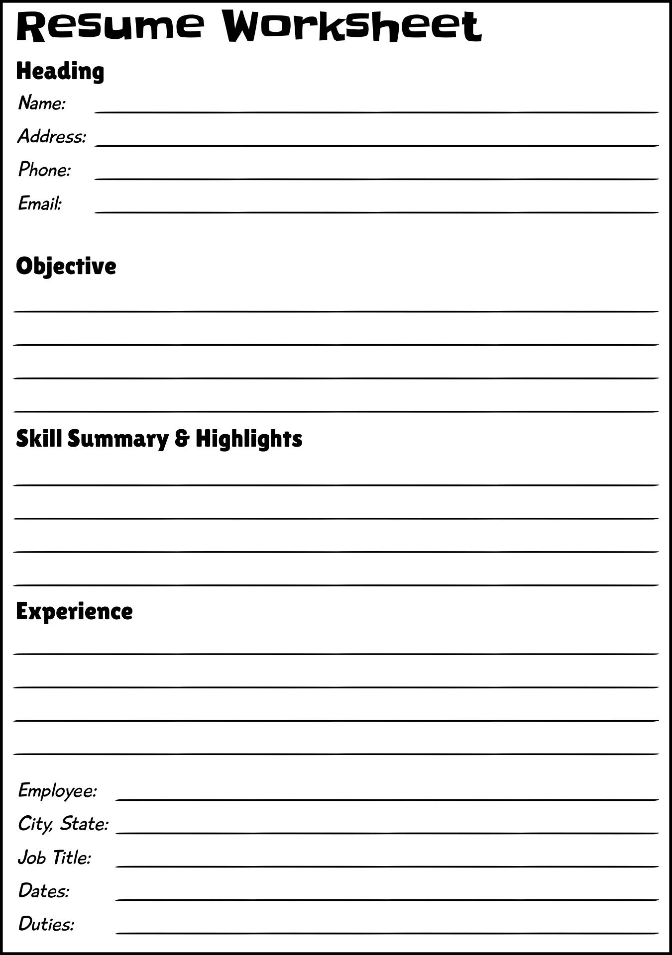 Free Printable Blank Resume Forms