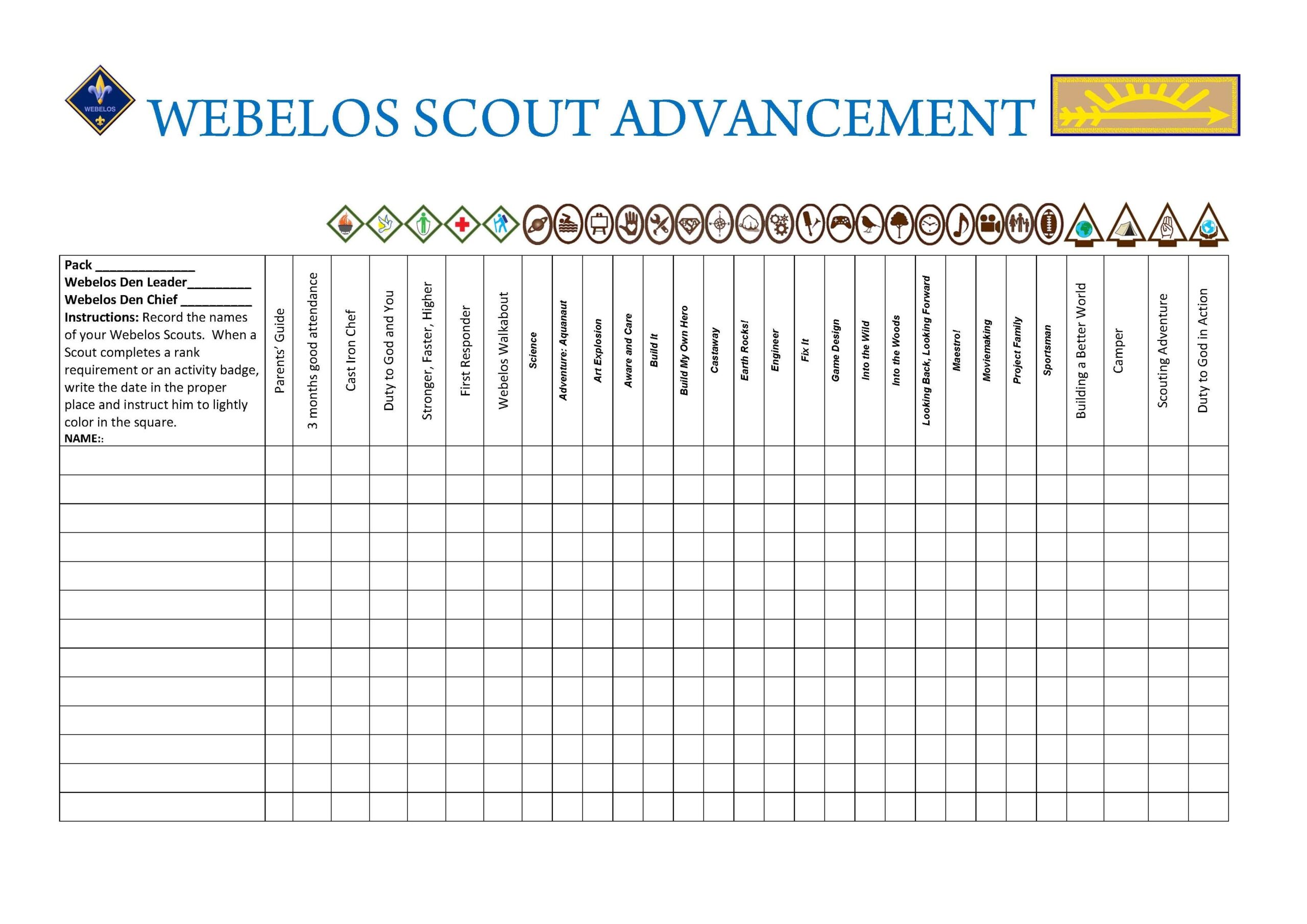 2016 WEBELOS WALL CHART OF NEW ADVENTURE BADGES FOR RECORD KEEPING 