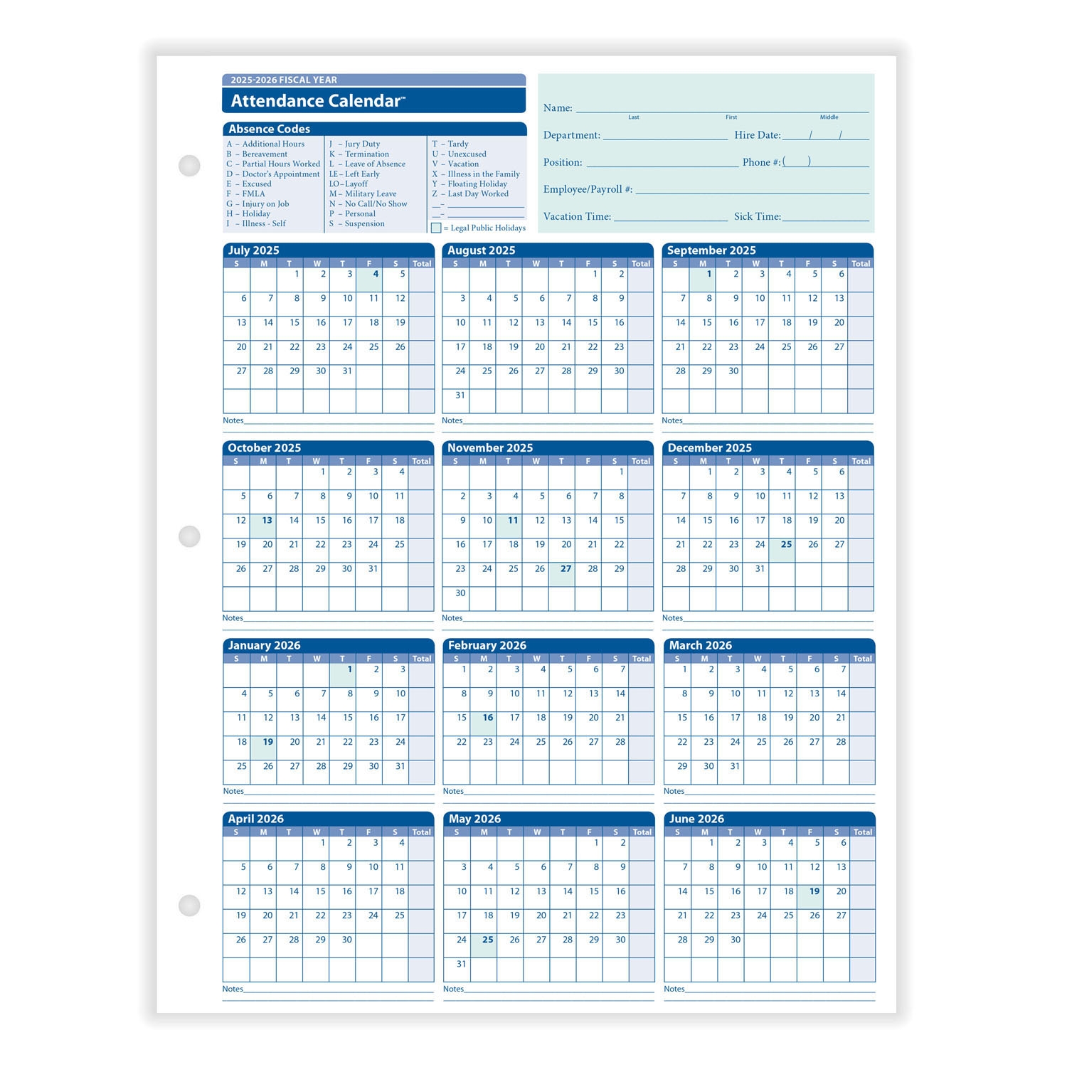 2025 26 Fiscal Year Attendance Calendar Yearly Attendance HRdirect
