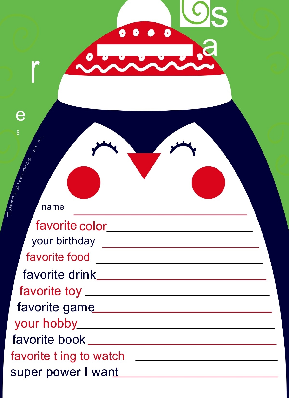 Free Printable Secret Santa Questionnaire Form Pdf