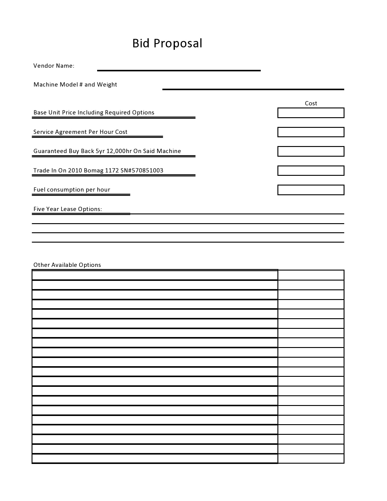Blank Free Printable Contractor Bid Forms