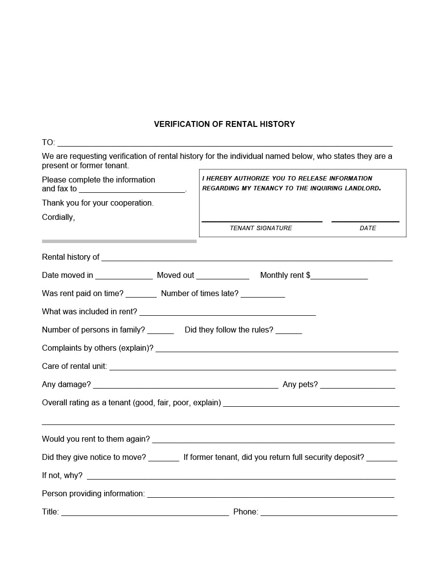 29 Rental Verification Forms for Landlord Or Tenant TemplateArchive