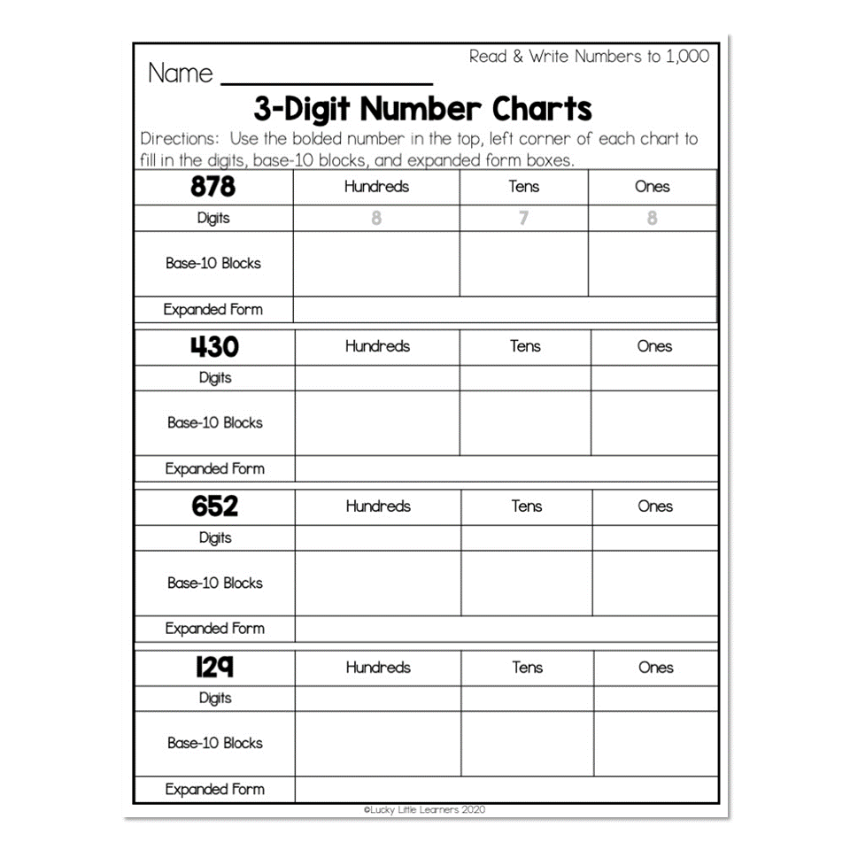 2nd Grade Math Worksheets Place Value Read U0026 Write Numbers To 1 000 3 Digit Number Chart Lucky Little Learners