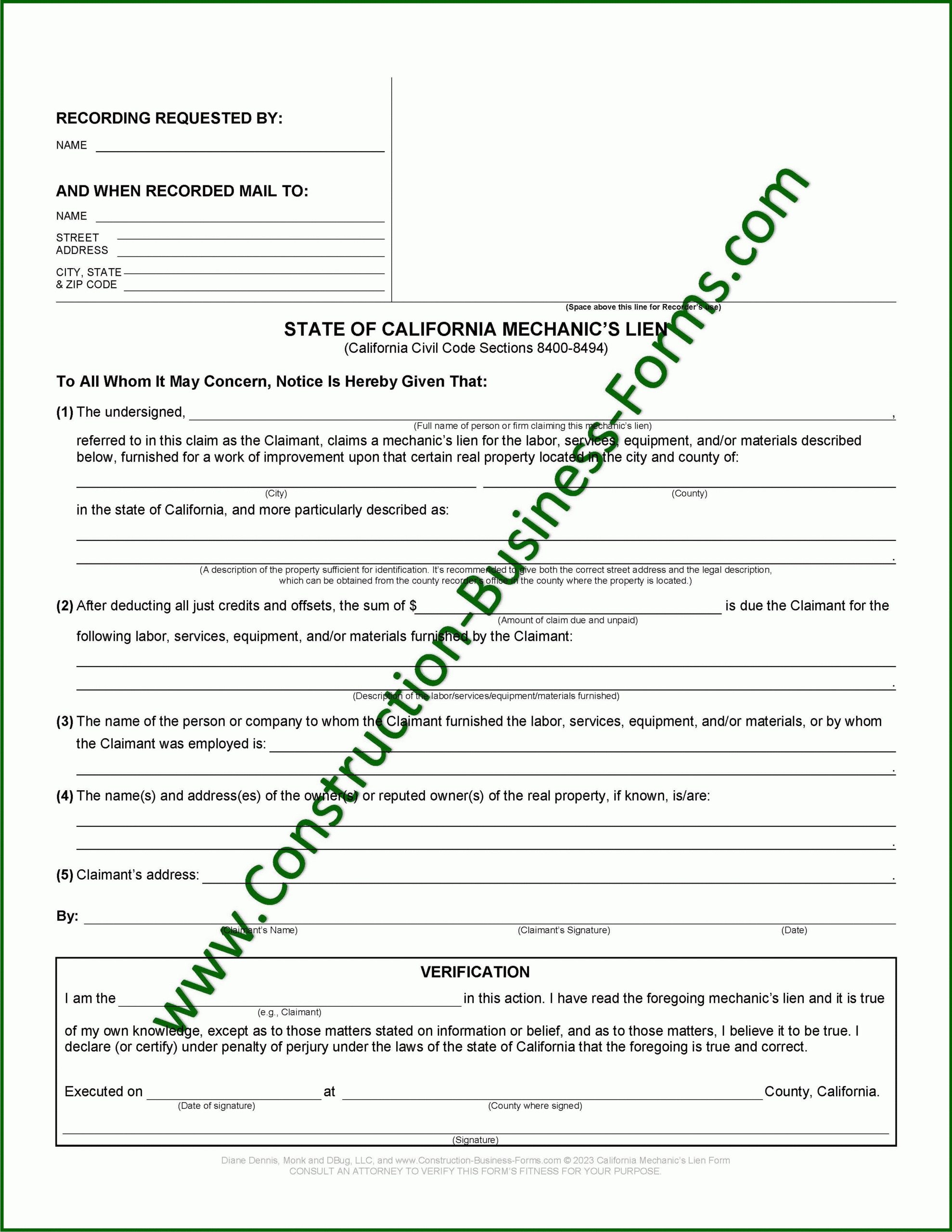 Free Printable After Judgement Property Lien Form California