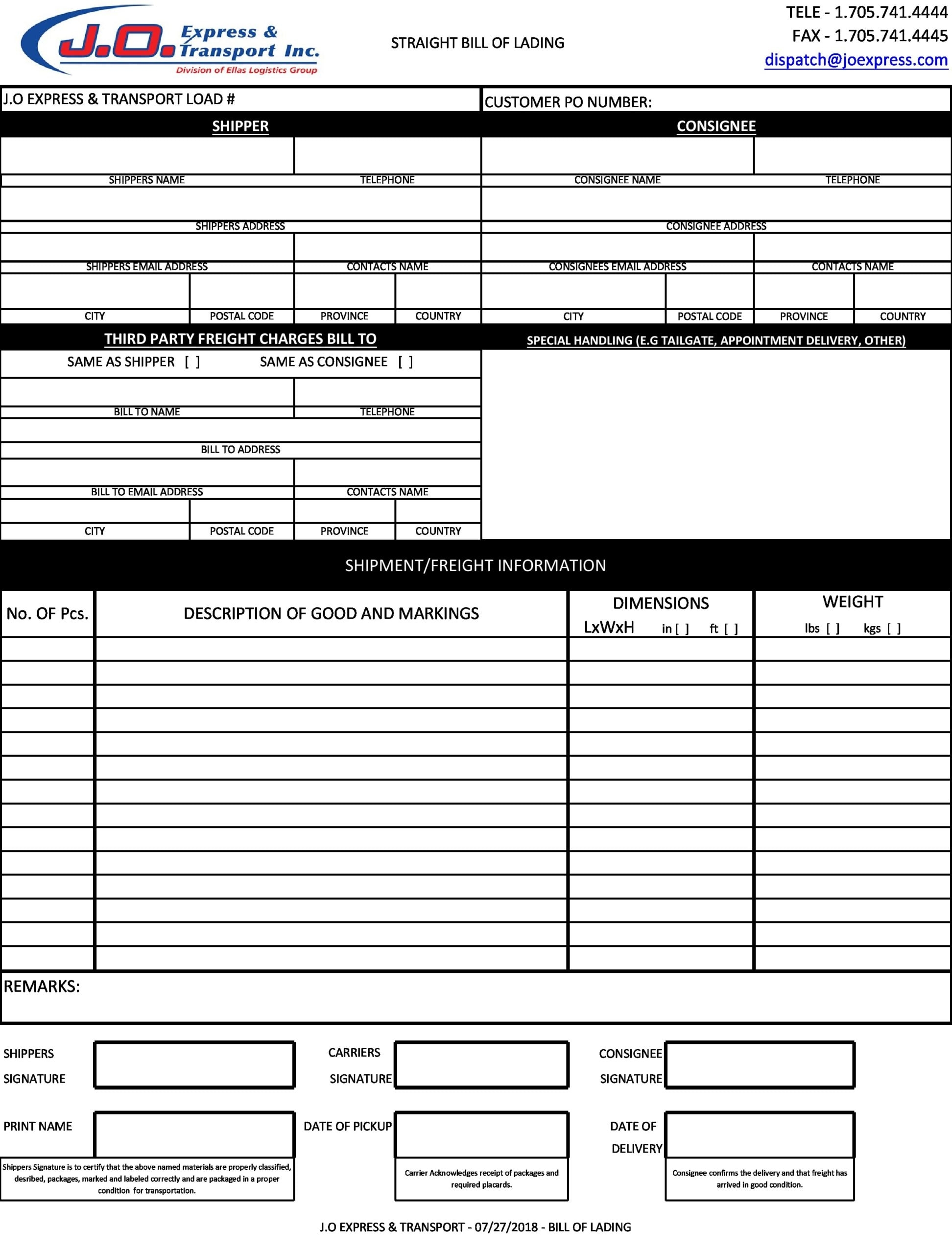 Printable Bill Of Lading Form Free