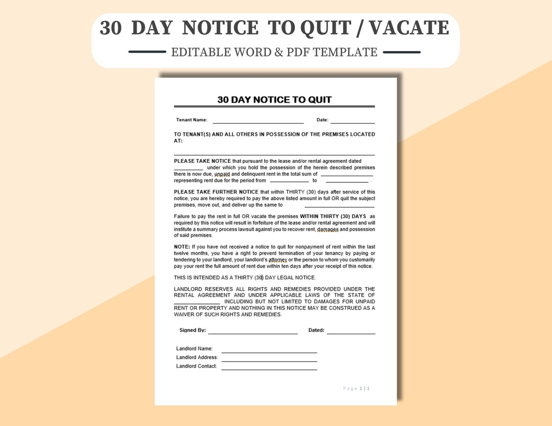 30 Day Notice To Quit Vacate Editable Printable In WORD U0026 Adobe PDF Digitally Edit Or Print And Manually Fill In Tenant Notice To Quit Etsy Australia