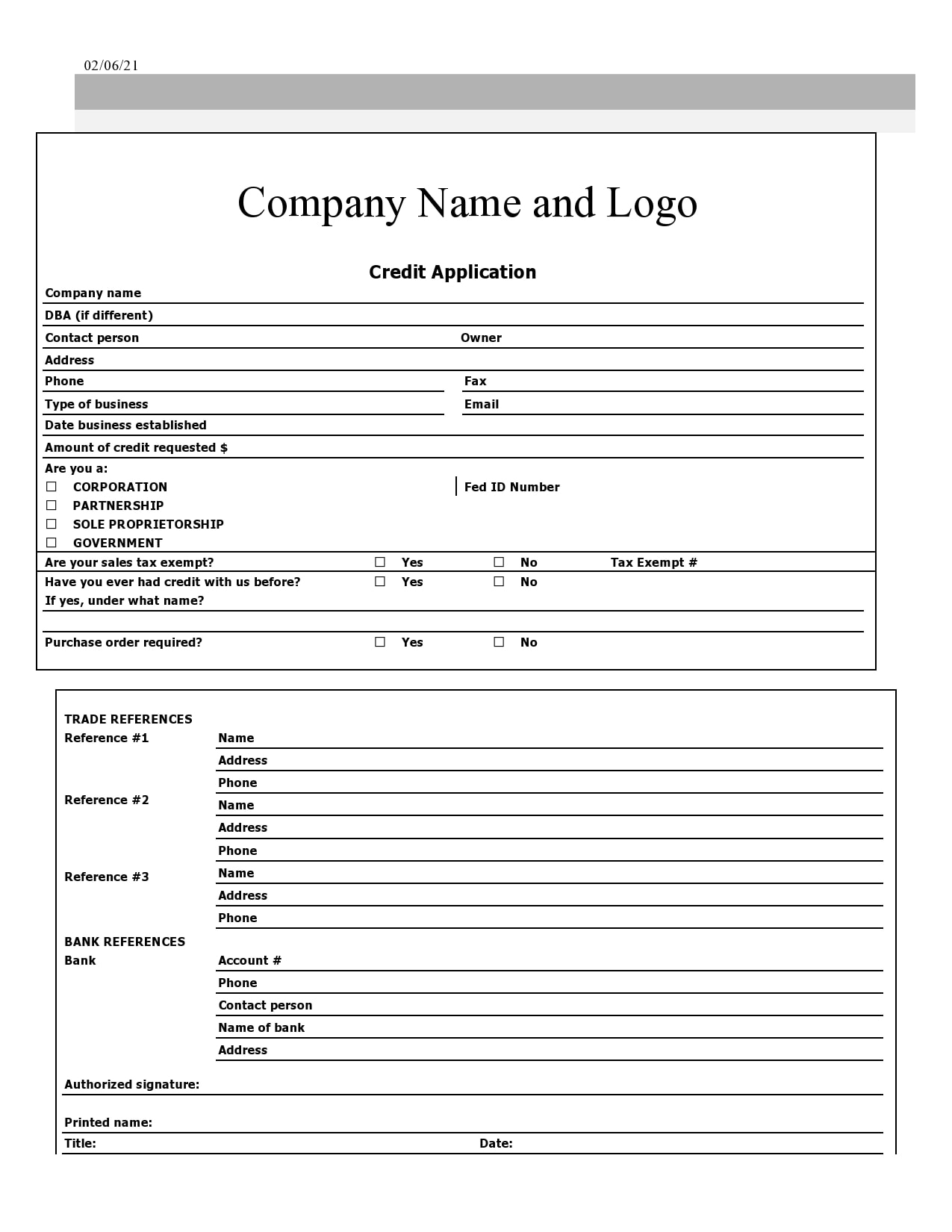 Free Printable Business Credit Application Form