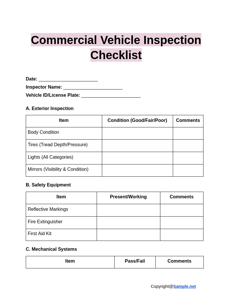 Downloadable Free Printable Driver Vehicle Inspection Report Form