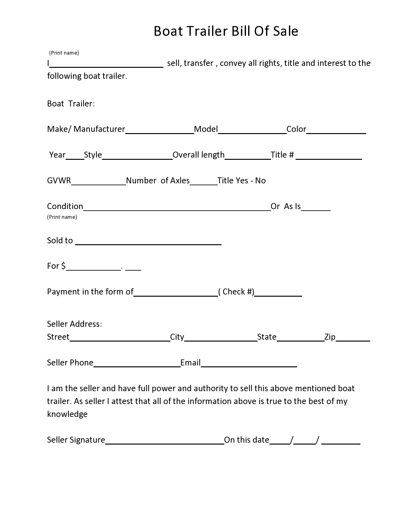 Free Printable Bill Of Sale Form For Trailer