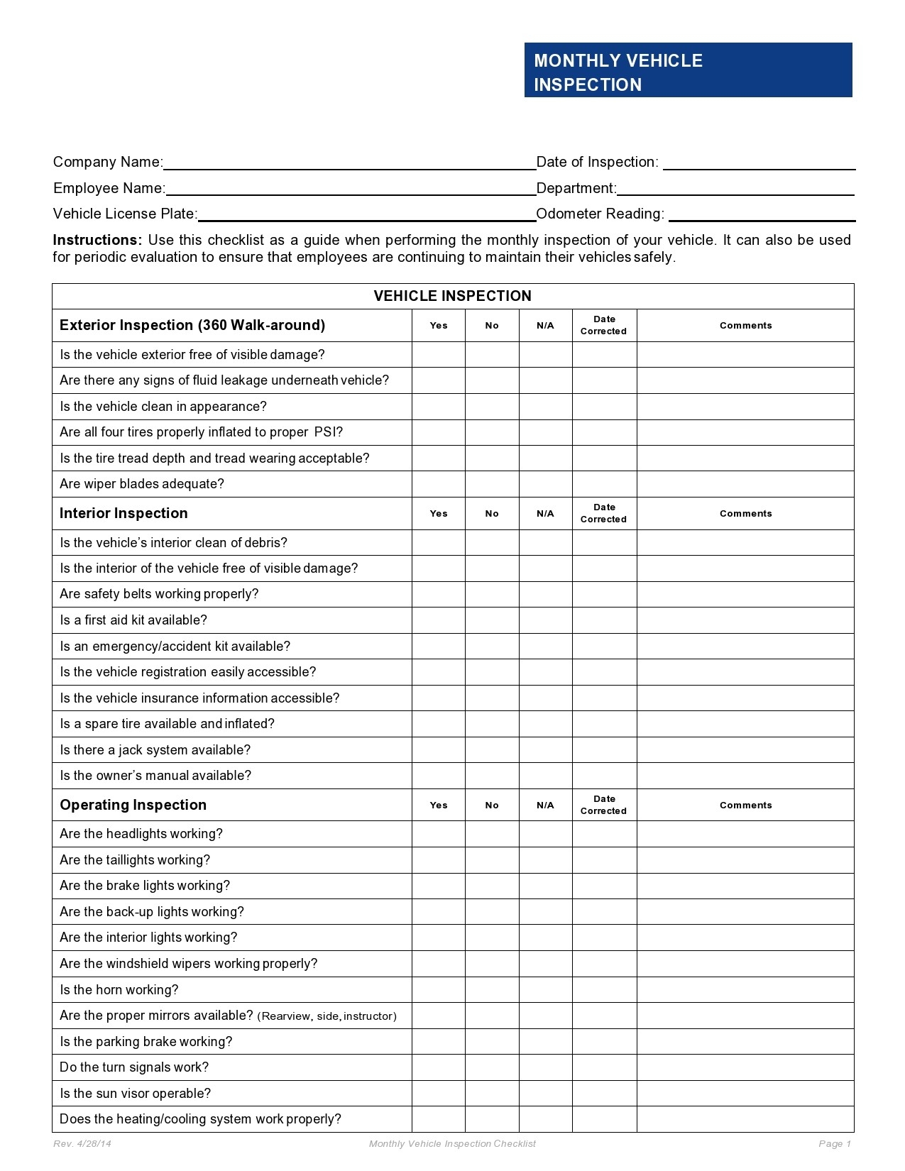 Free Printable Collision Vehicle Inspection Form