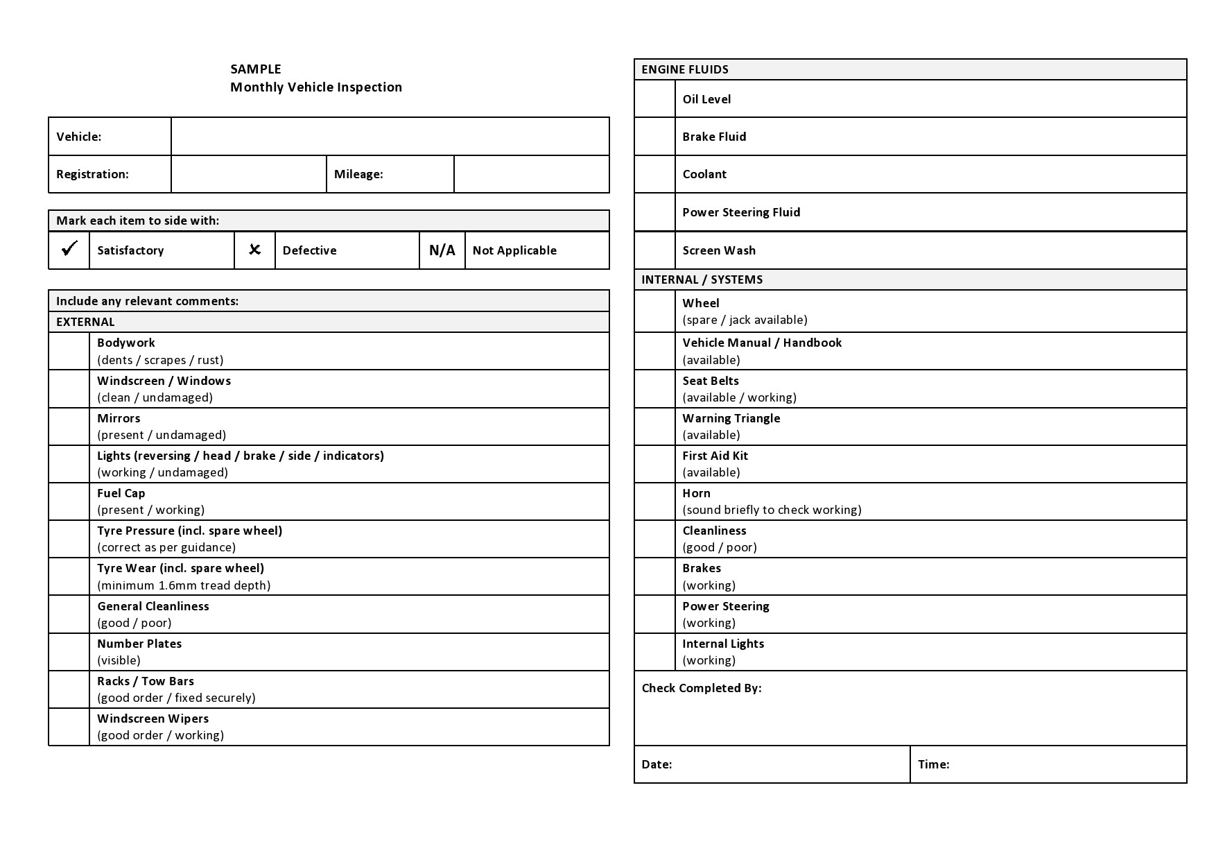 Printable Free Vehicle Inspection Form Pdf