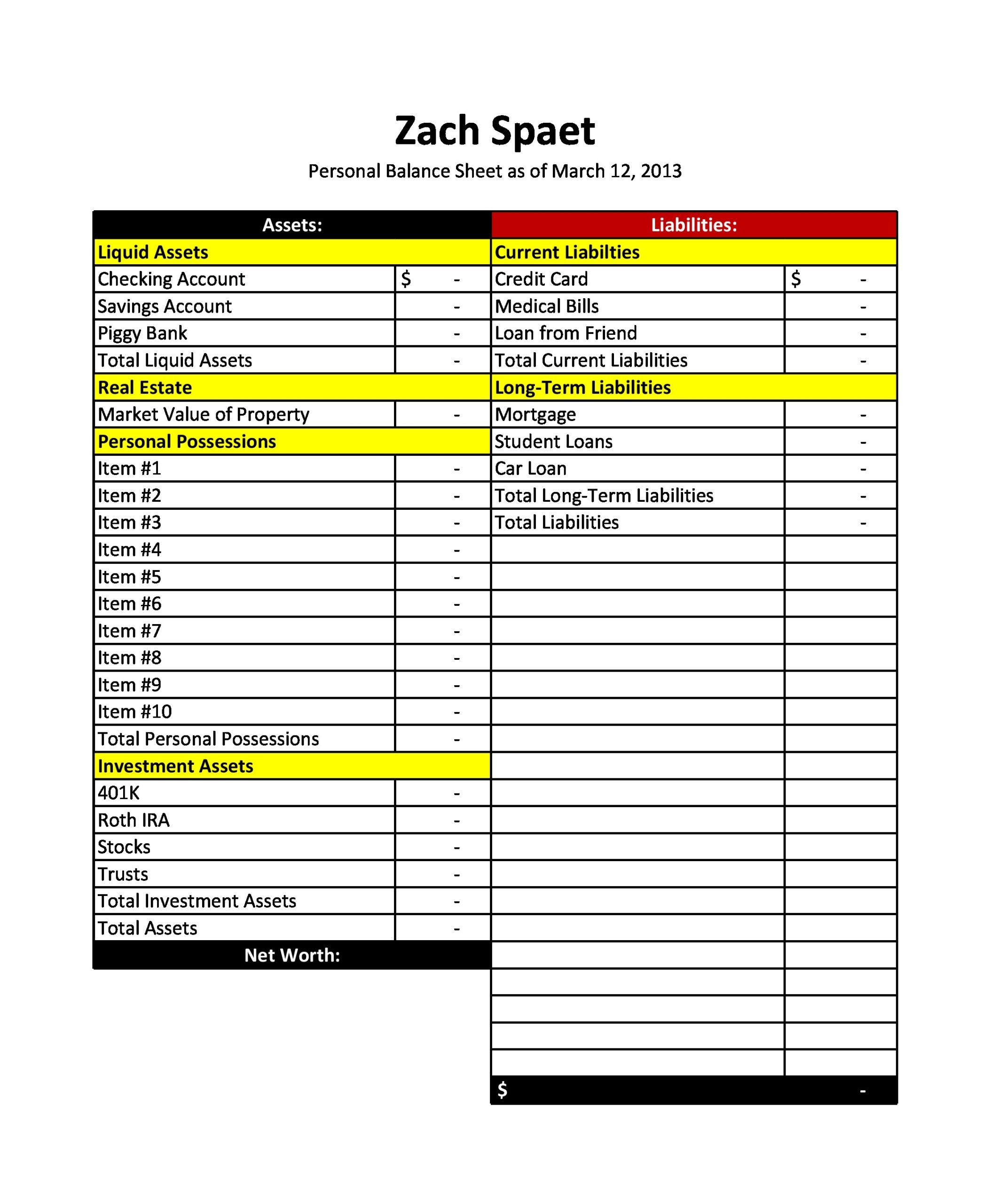 40 Excel Personal Balance Sheet Templates u0026 Examples TemplateLab