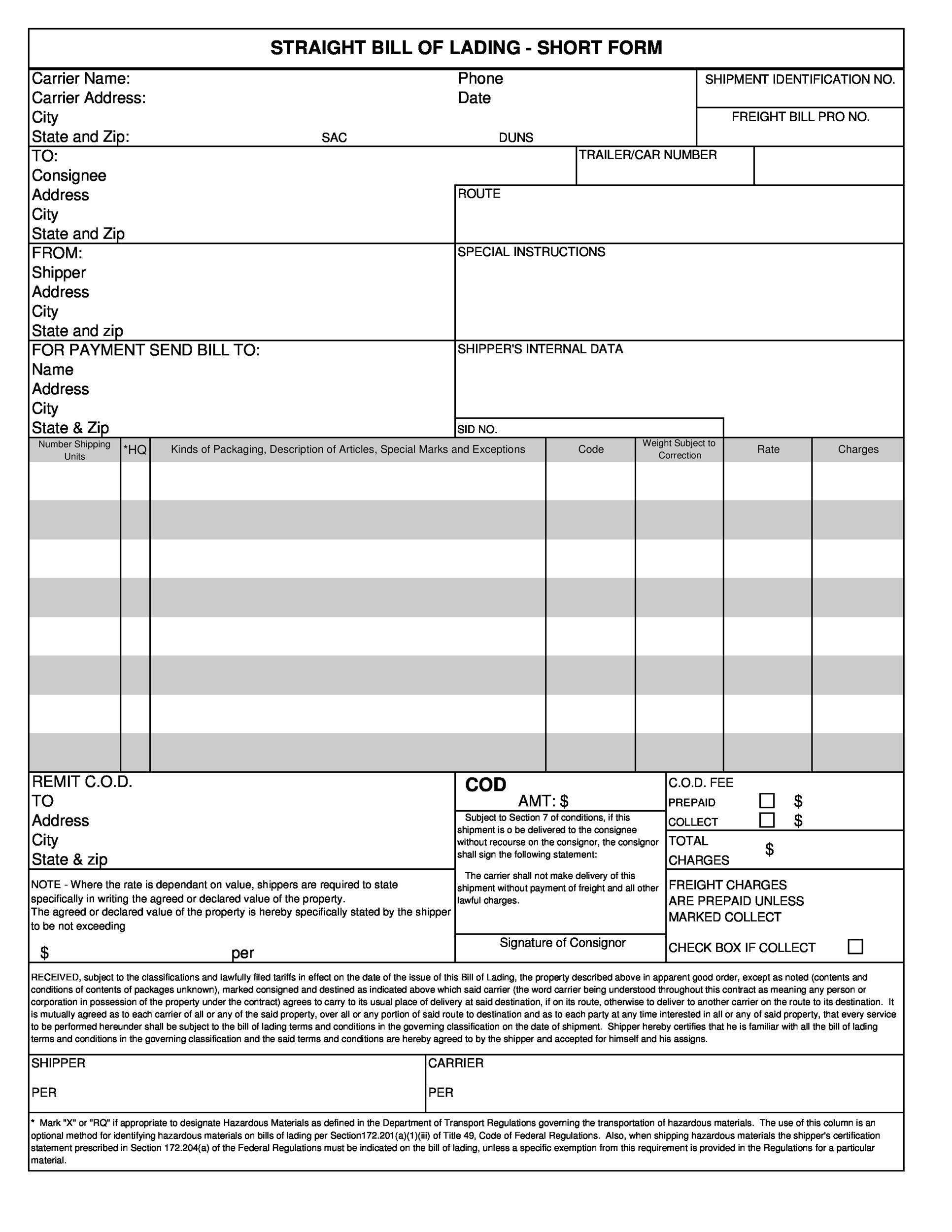 40 Free Bill Of Lading Forms U0026 Templates TemplateLab