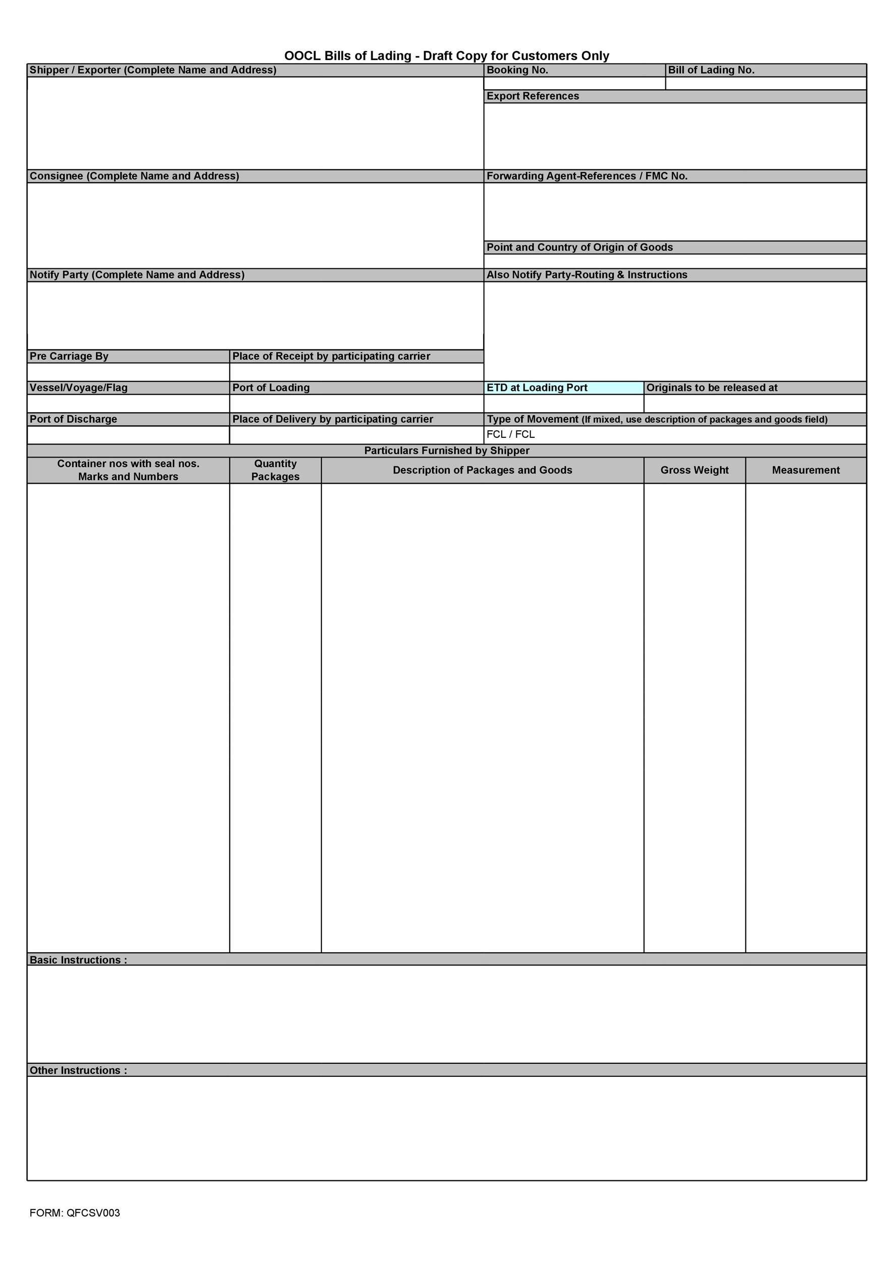 Printable Free Blank Straight Bill Of Lading Short Form Pdf