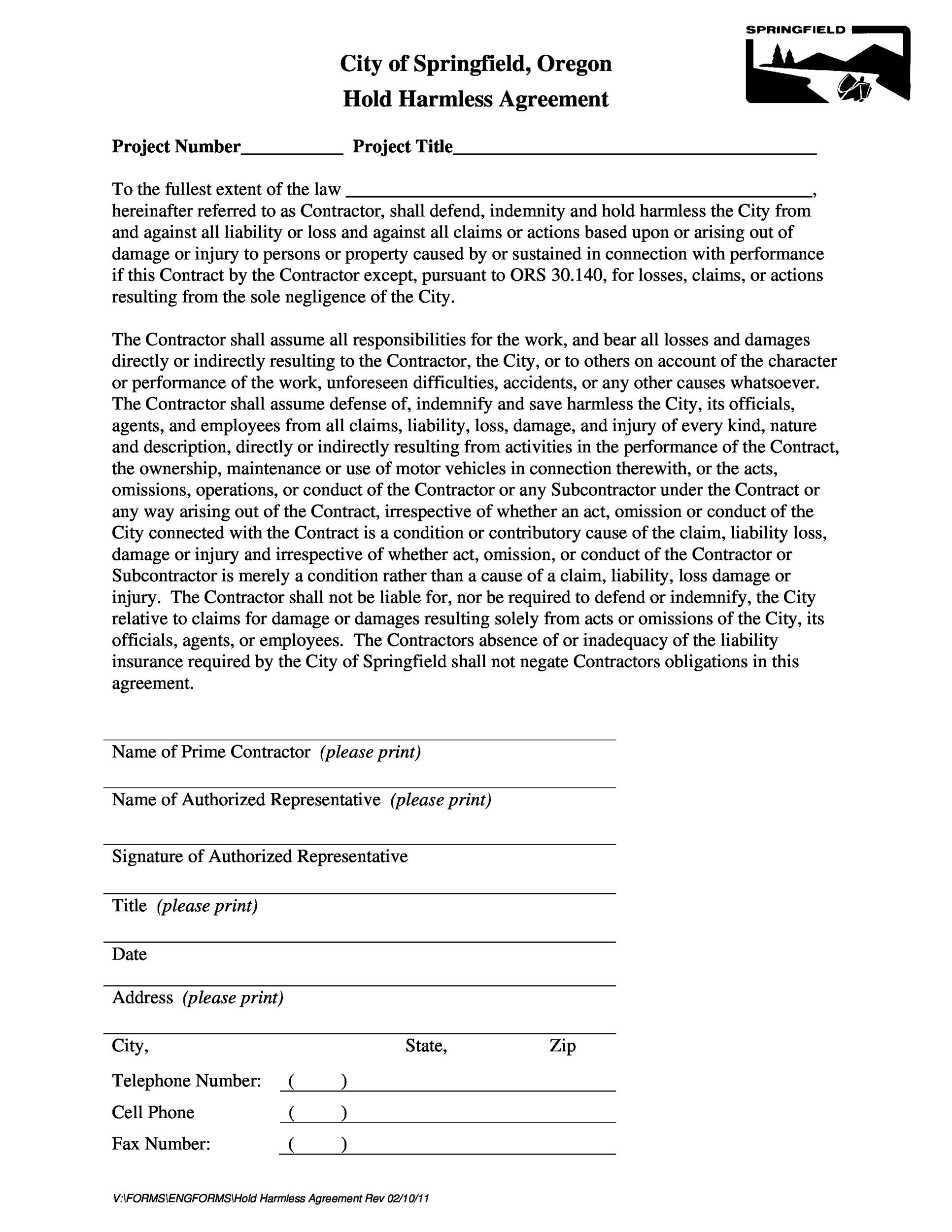 Free Printable Hold Harmless Agreement Form