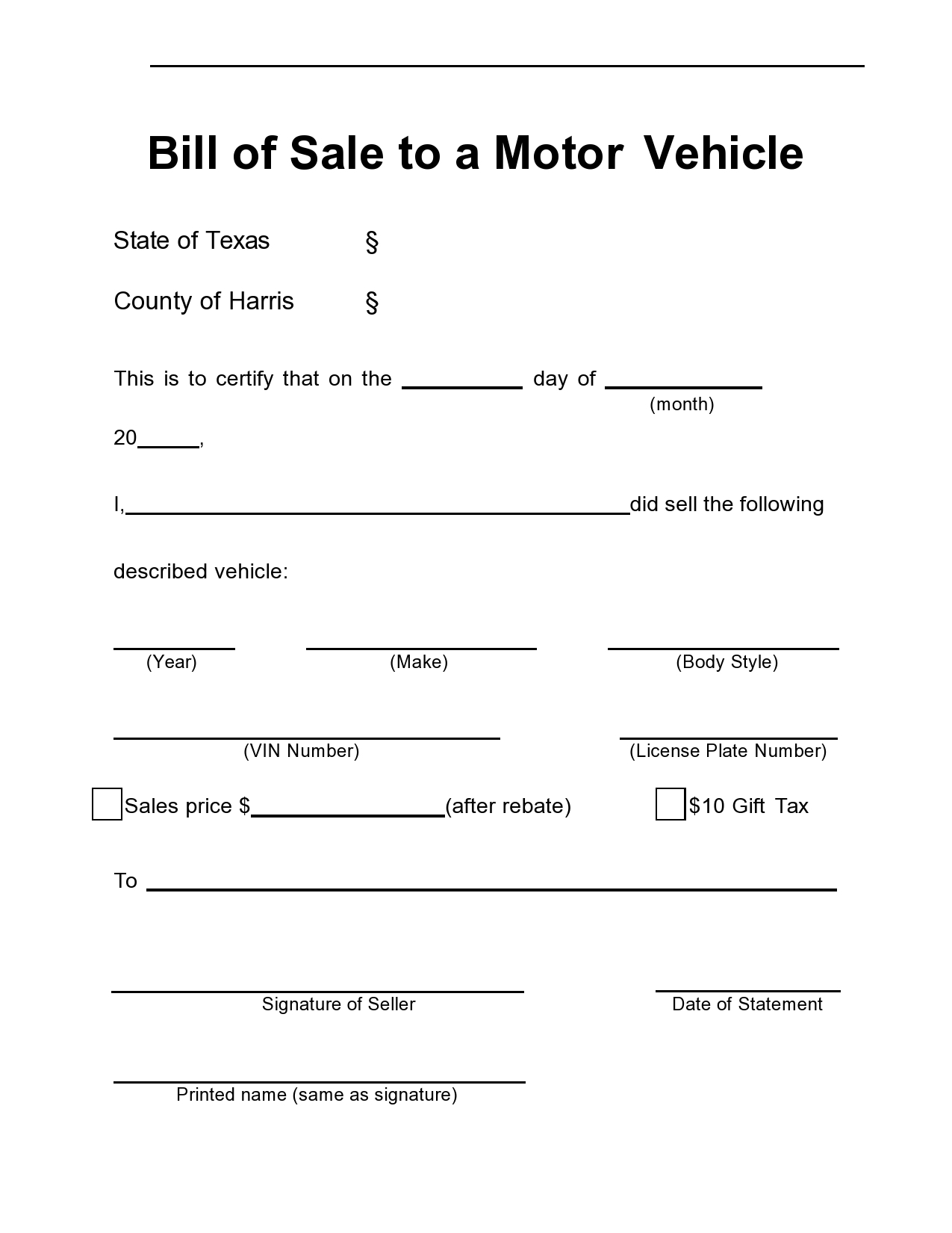 Car Bill Of Sale Form Free Printable