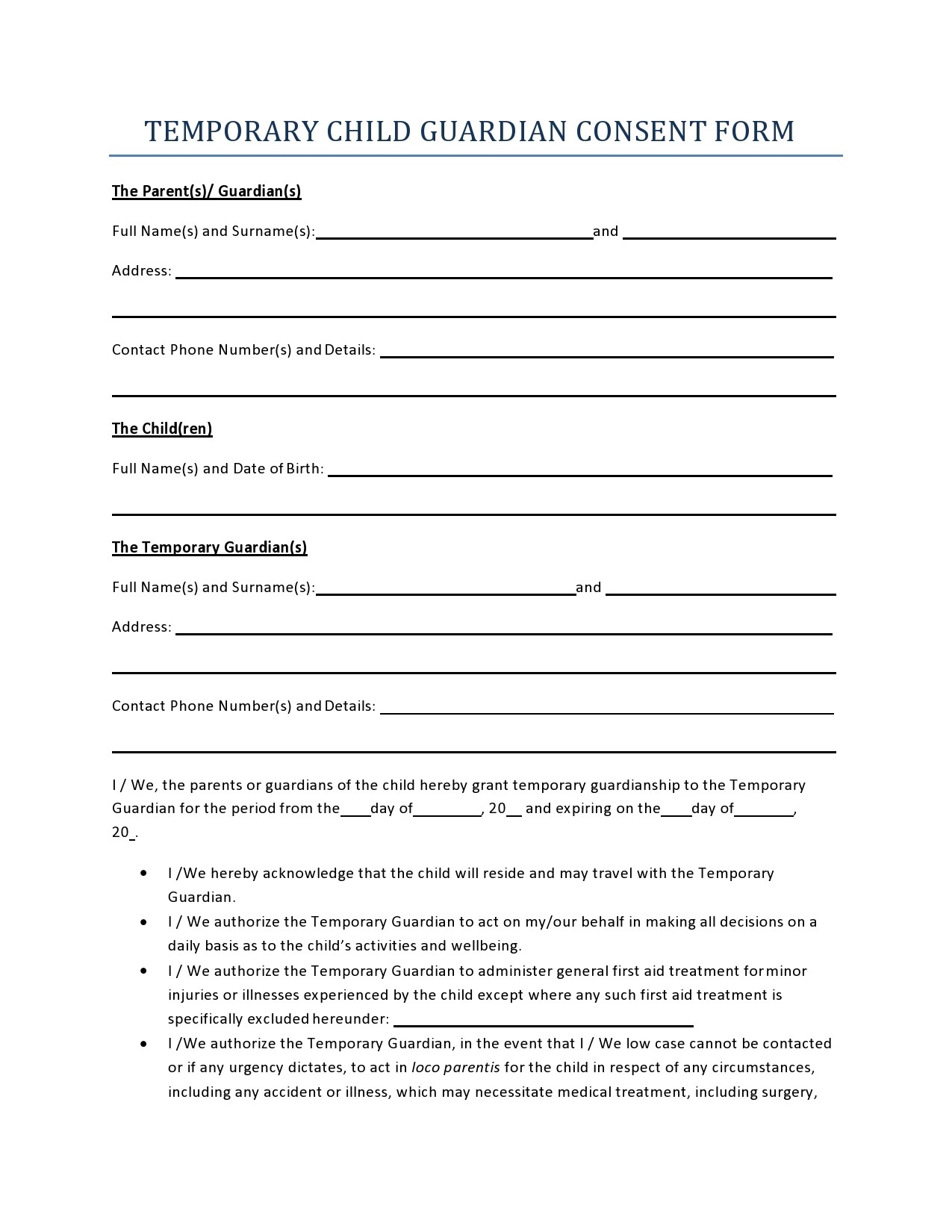 Free Printable Temporary Child Custody Forms