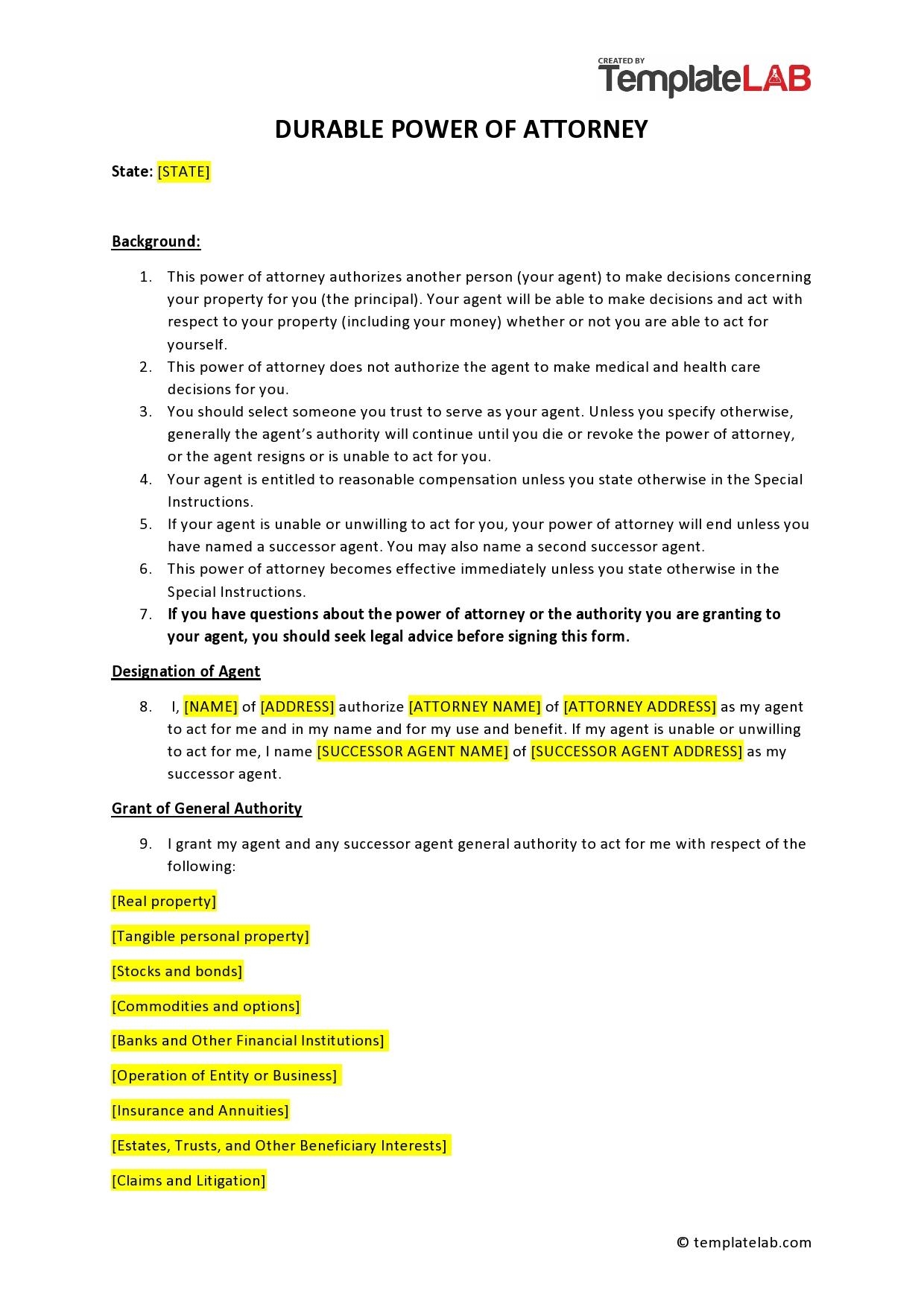 Free Printable Blank Durable Power Of Attorney Form