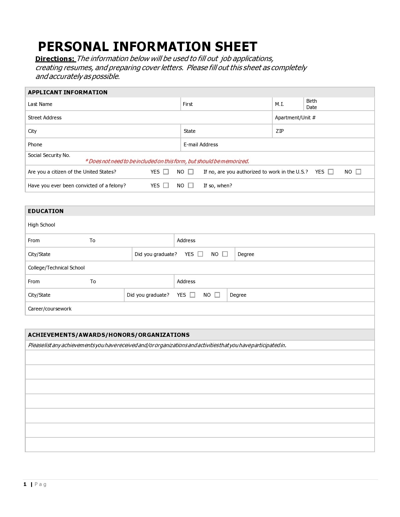 41 Free Personal Information Forms u0026 Templates TemplateLab