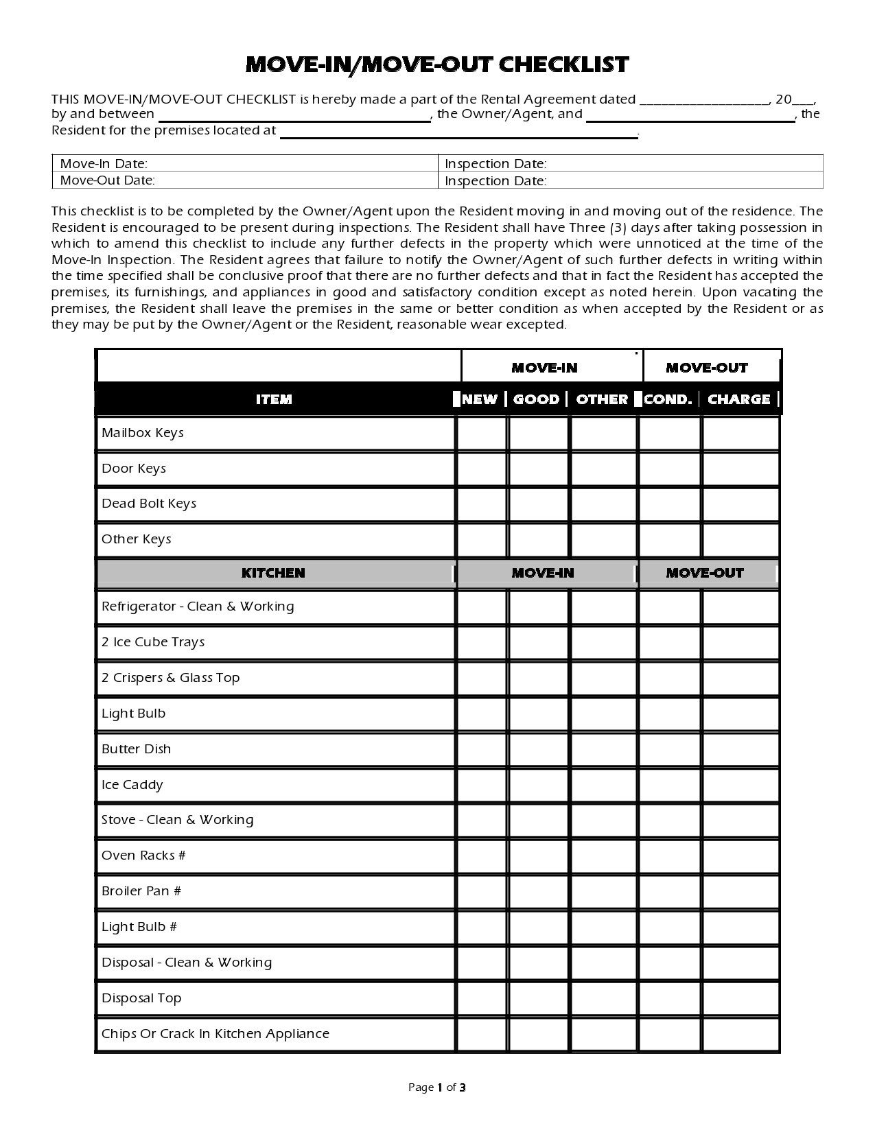 Free Printable Move-In Inspection Form
