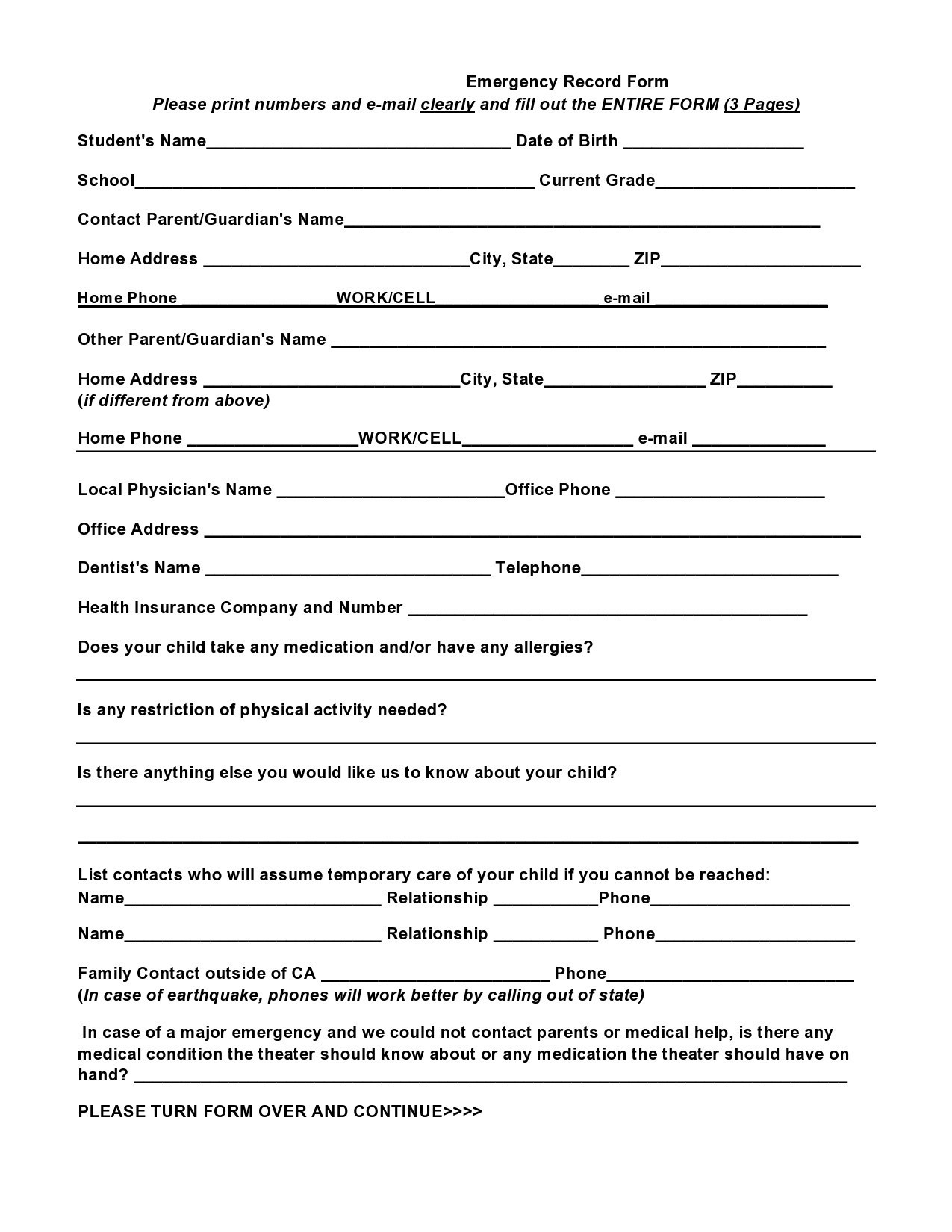 Free Printable Emergency Form