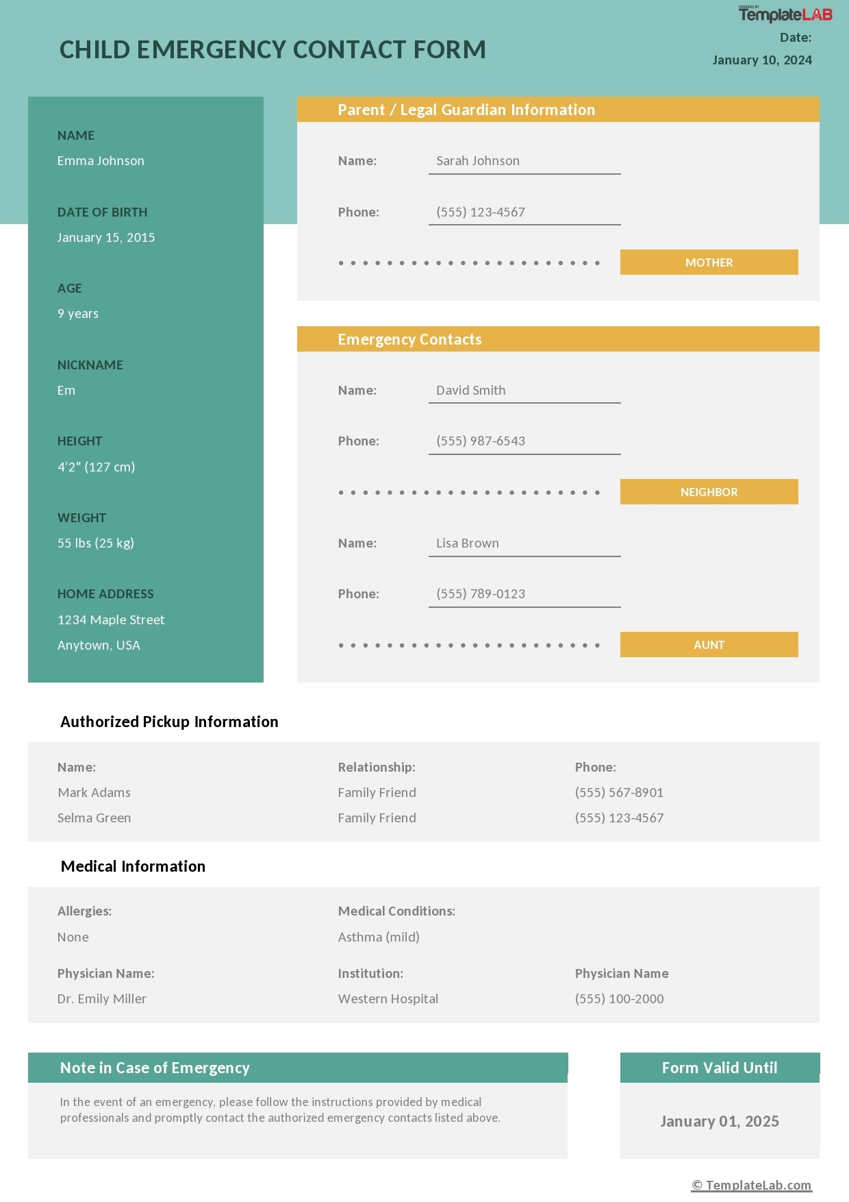 42 Printable Emergency Contact Forms 100 Free 