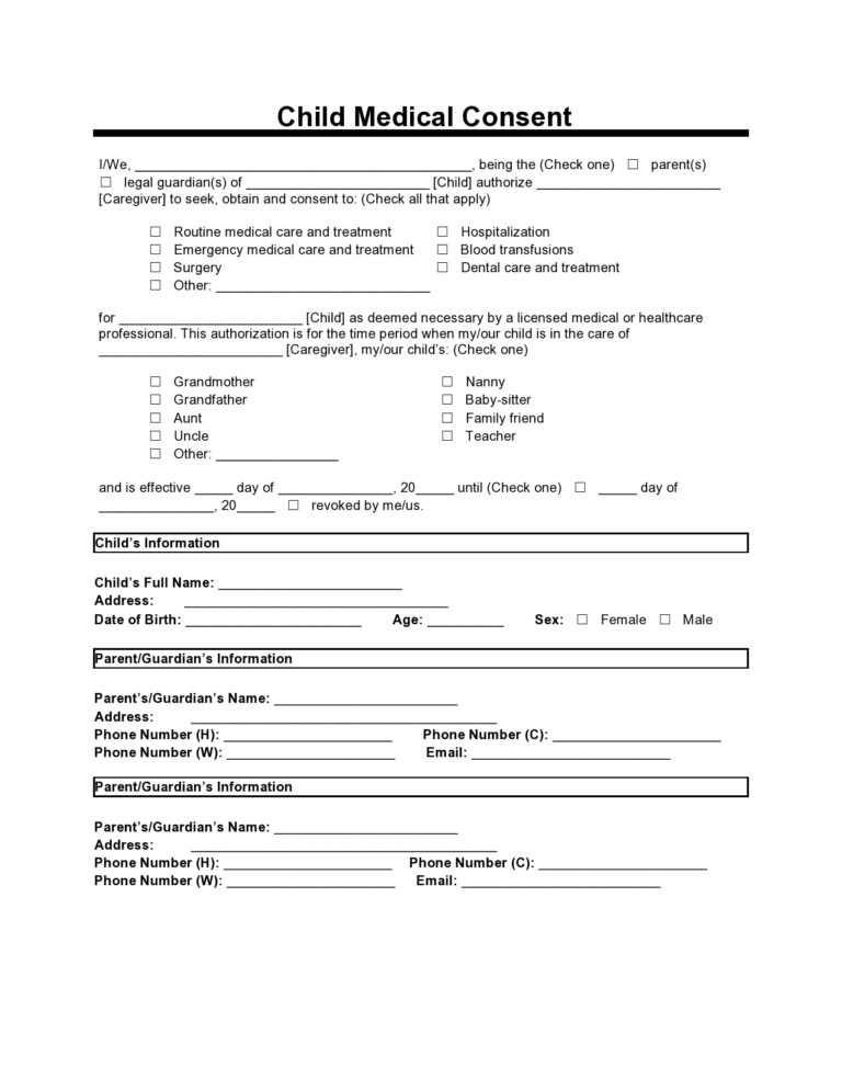 43 Printable Medical Consent Forms For Minor Free