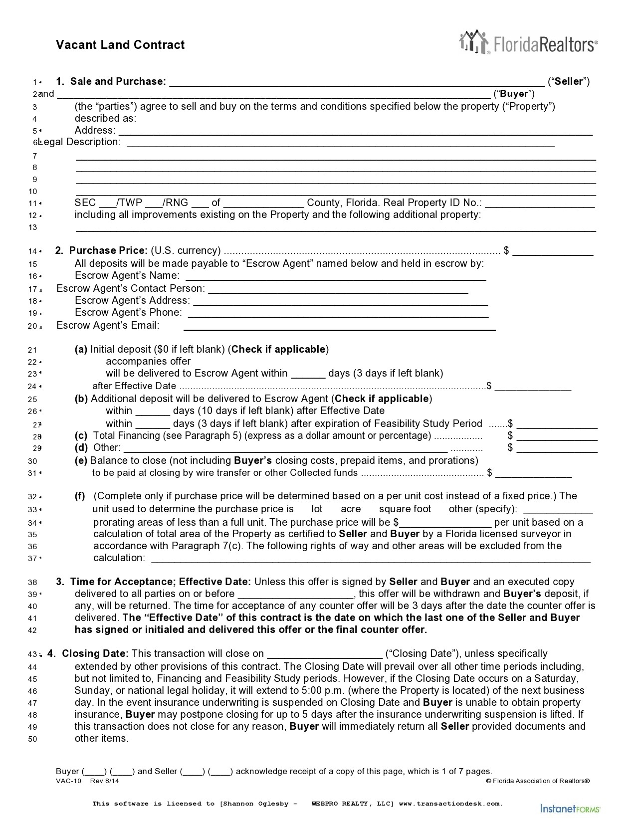 Free Printable Land Contract Forms Indiana
