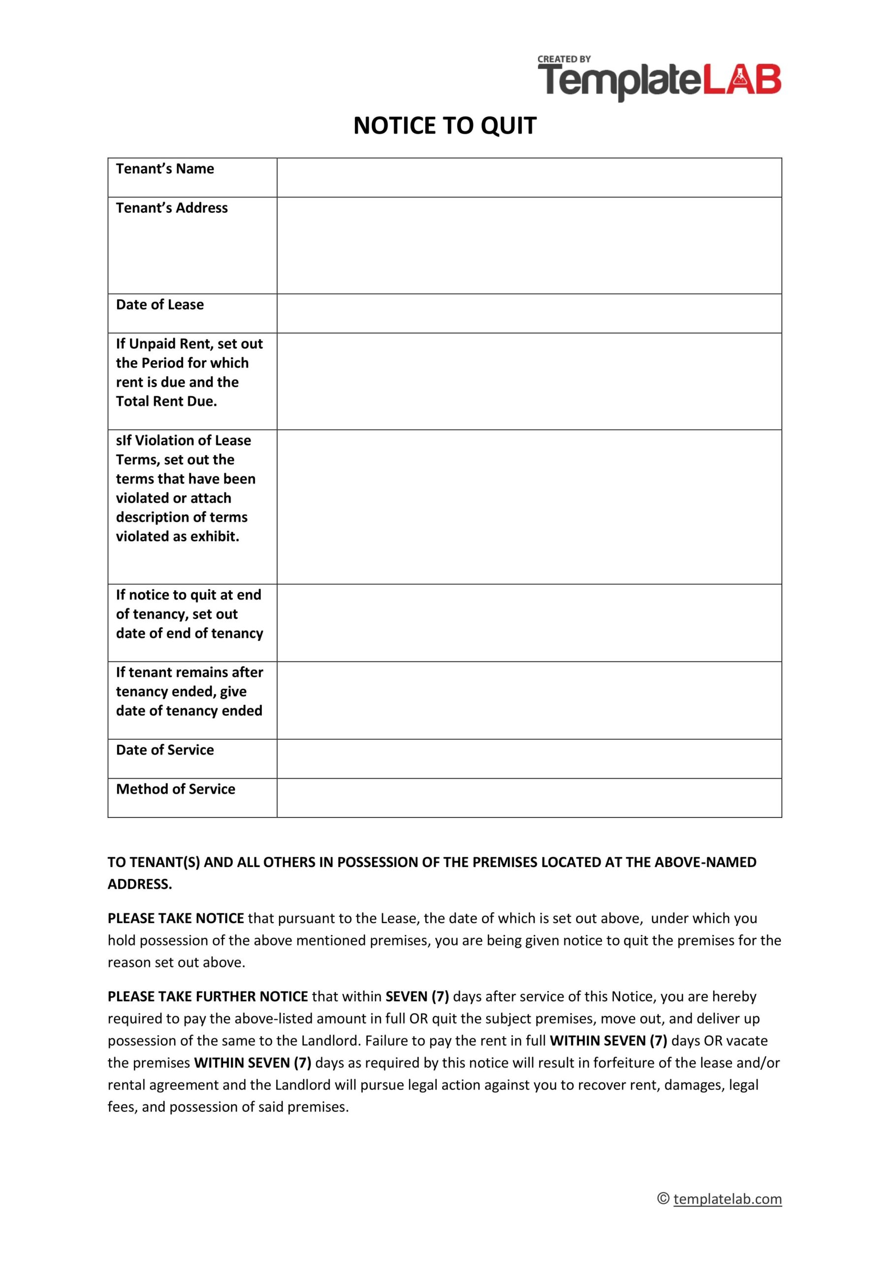 45 Notice To Quit Letters U0026 Templates 3 7 14 30 60 Days 