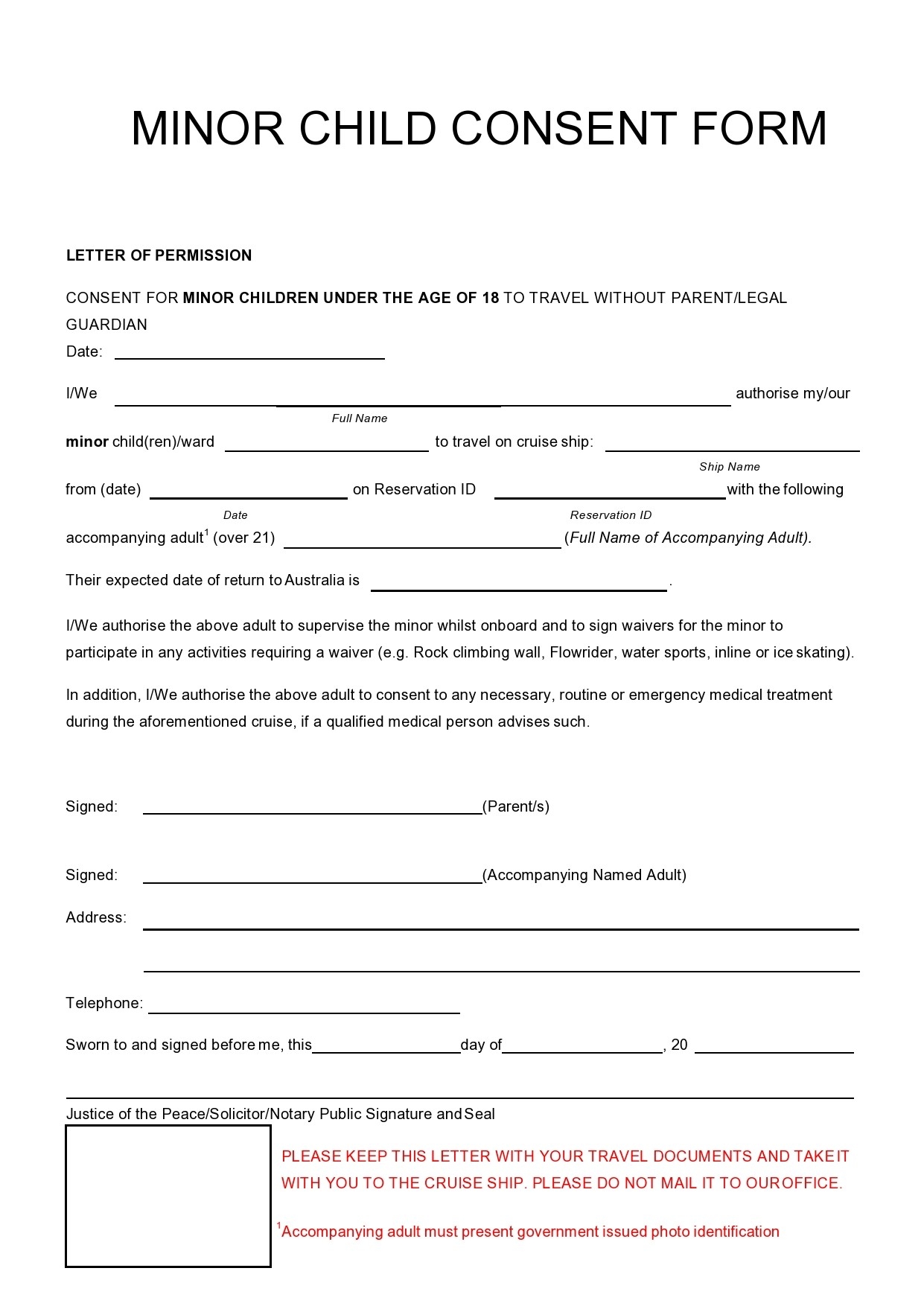 45 Printable Child Travel Consent Forms Word U0026 PDF 