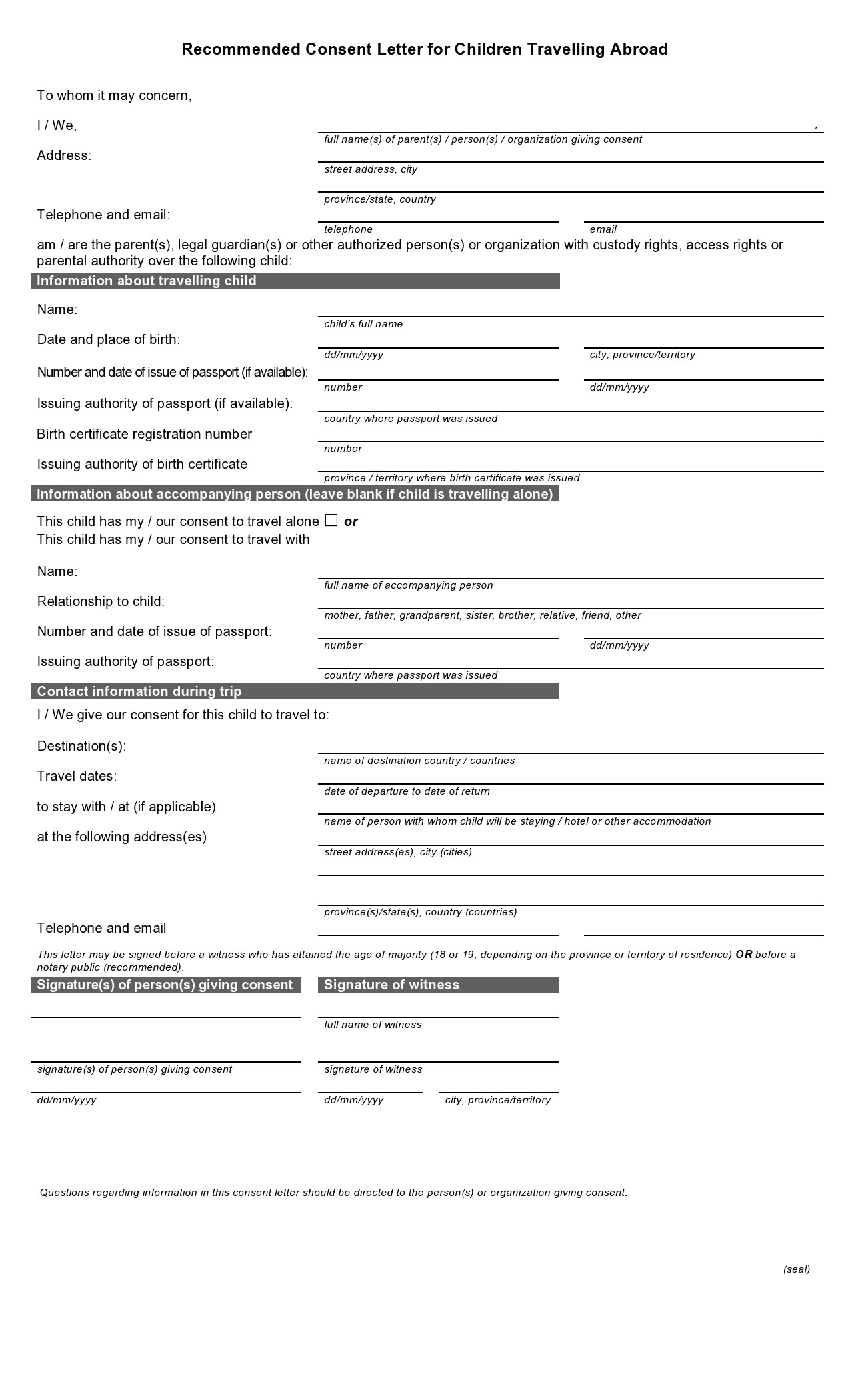 Free Printable Travel Release Form