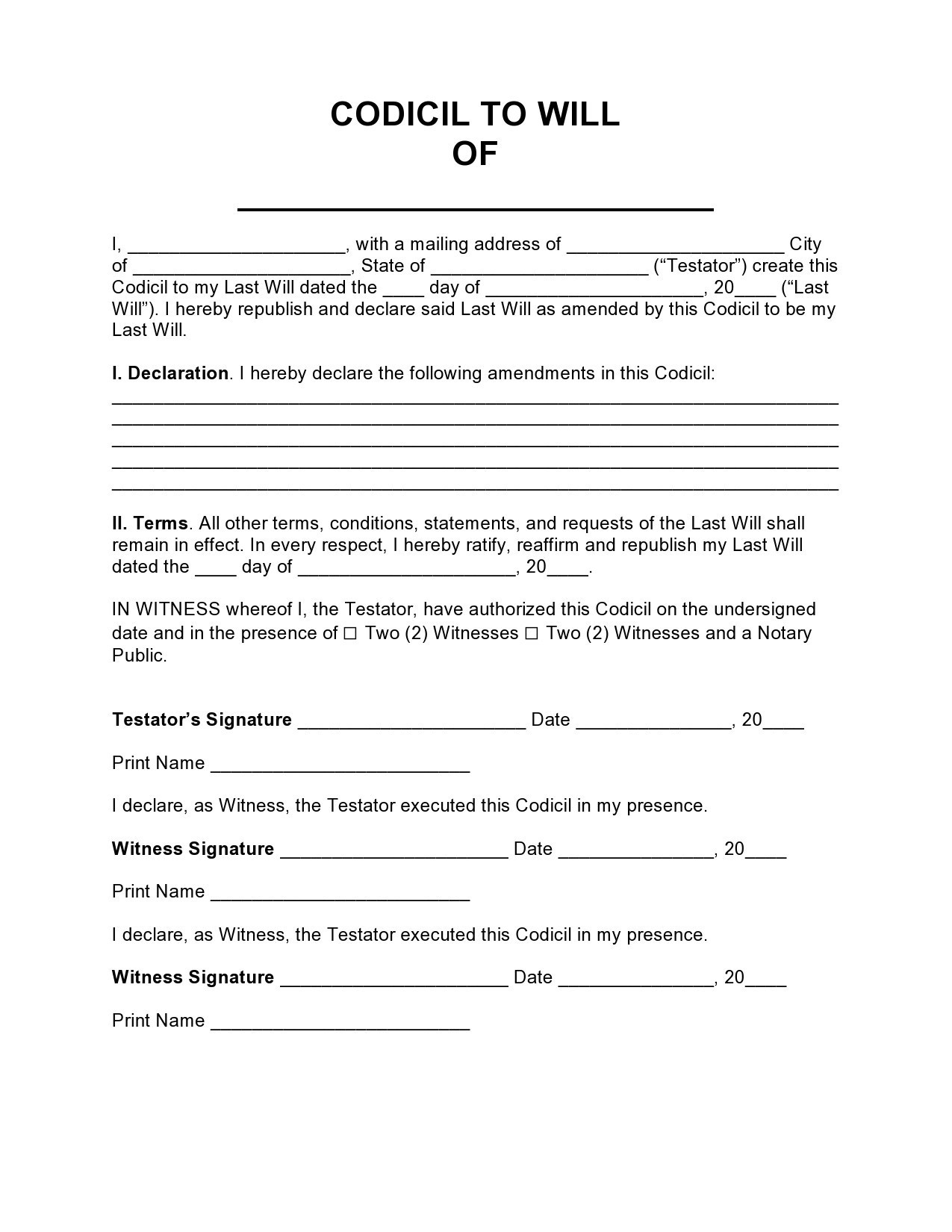 Free Printable Codicil Form Uk