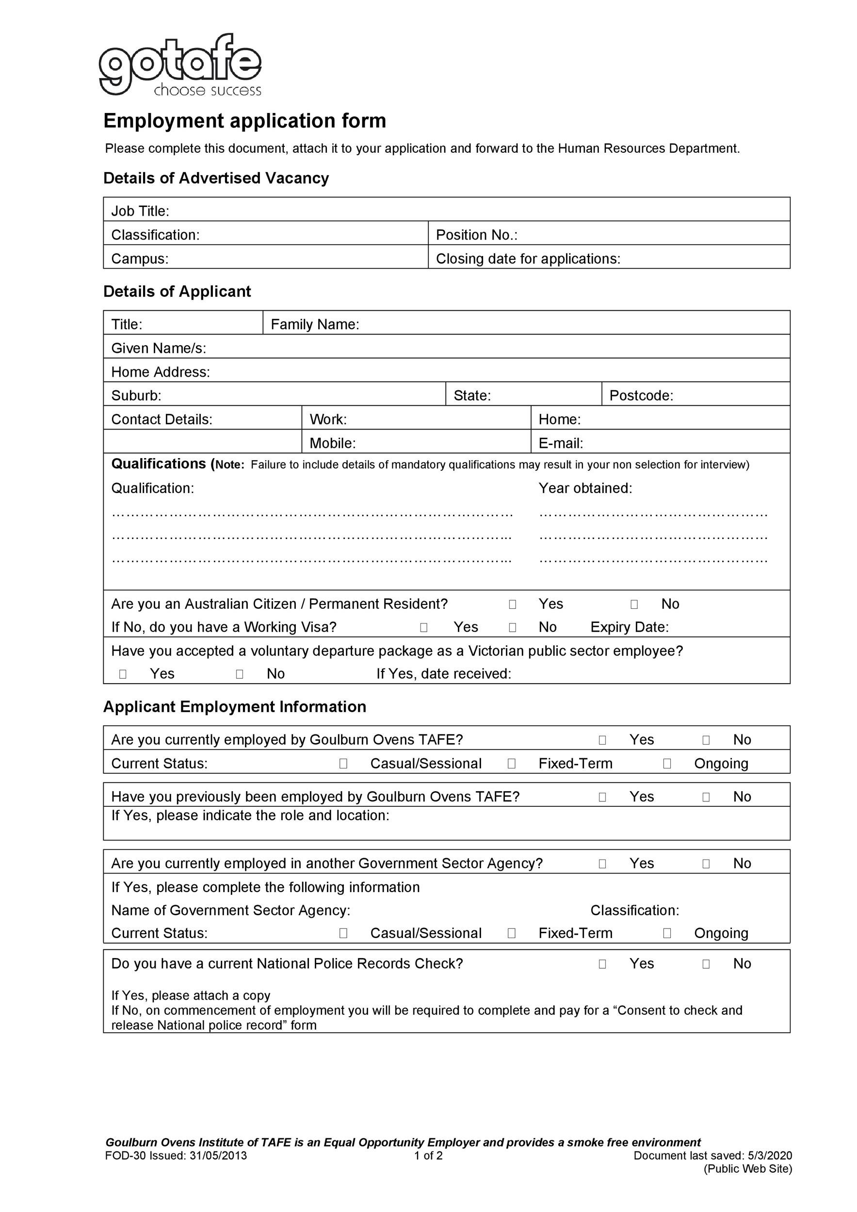 50 Free Employment Job Application Form Templates Printable 