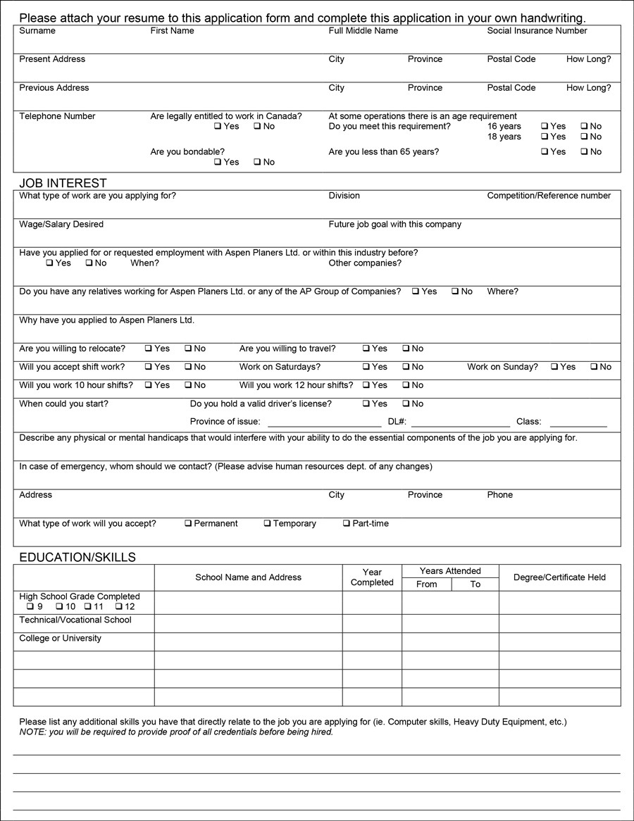 50 Free Employment Job Application Form Templates Printable 