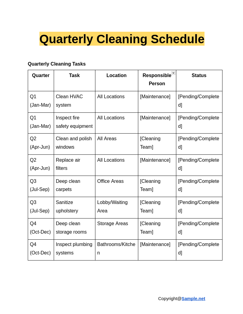 Free Printable Monthly Church Cleaning Scheduling Forms
