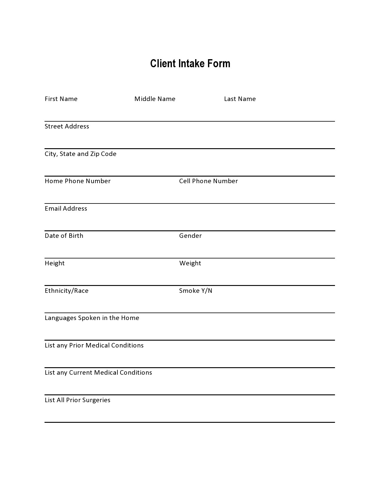 Free Printable Patient Intake Form