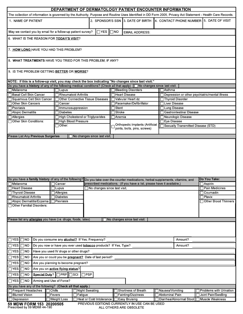 59 MDW Form 153 Download Fillable PDF Or Fill Online Department Of Dermatology Patient Encounter Information Templateroller