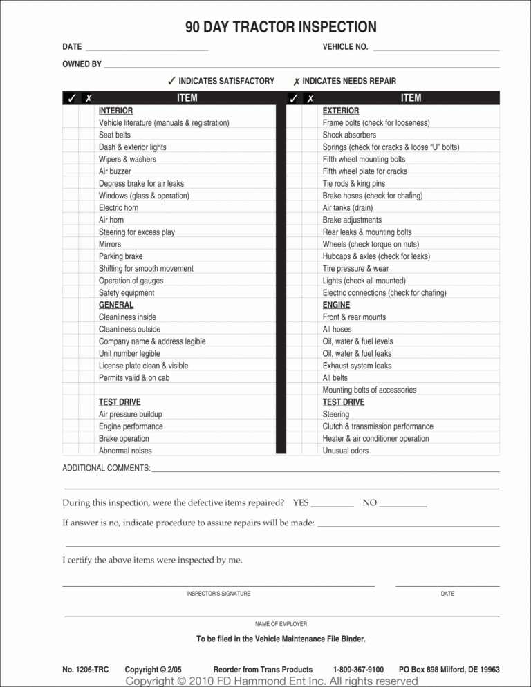 90 Day Truck Inspection Sheets No 1206 TRK