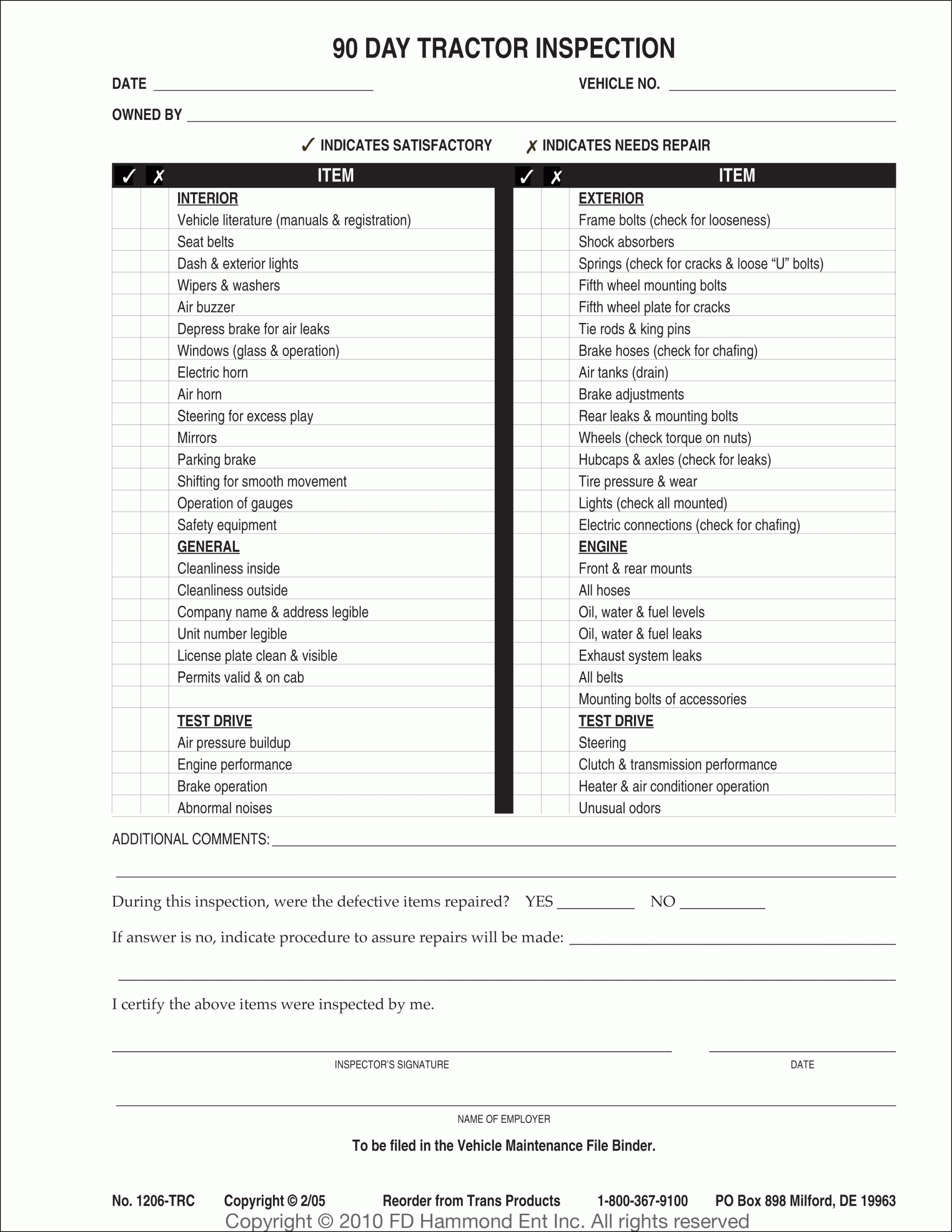 90 Day Truck Inspection Sheets No 1206 TRK