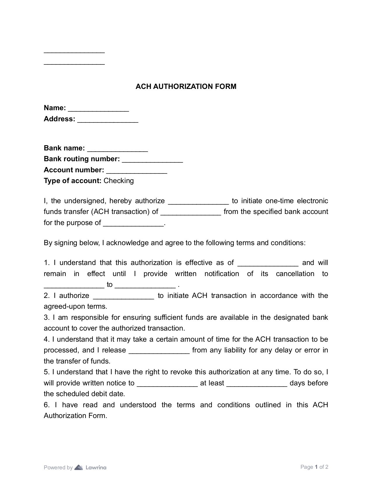 Printable Ach Form Template Free