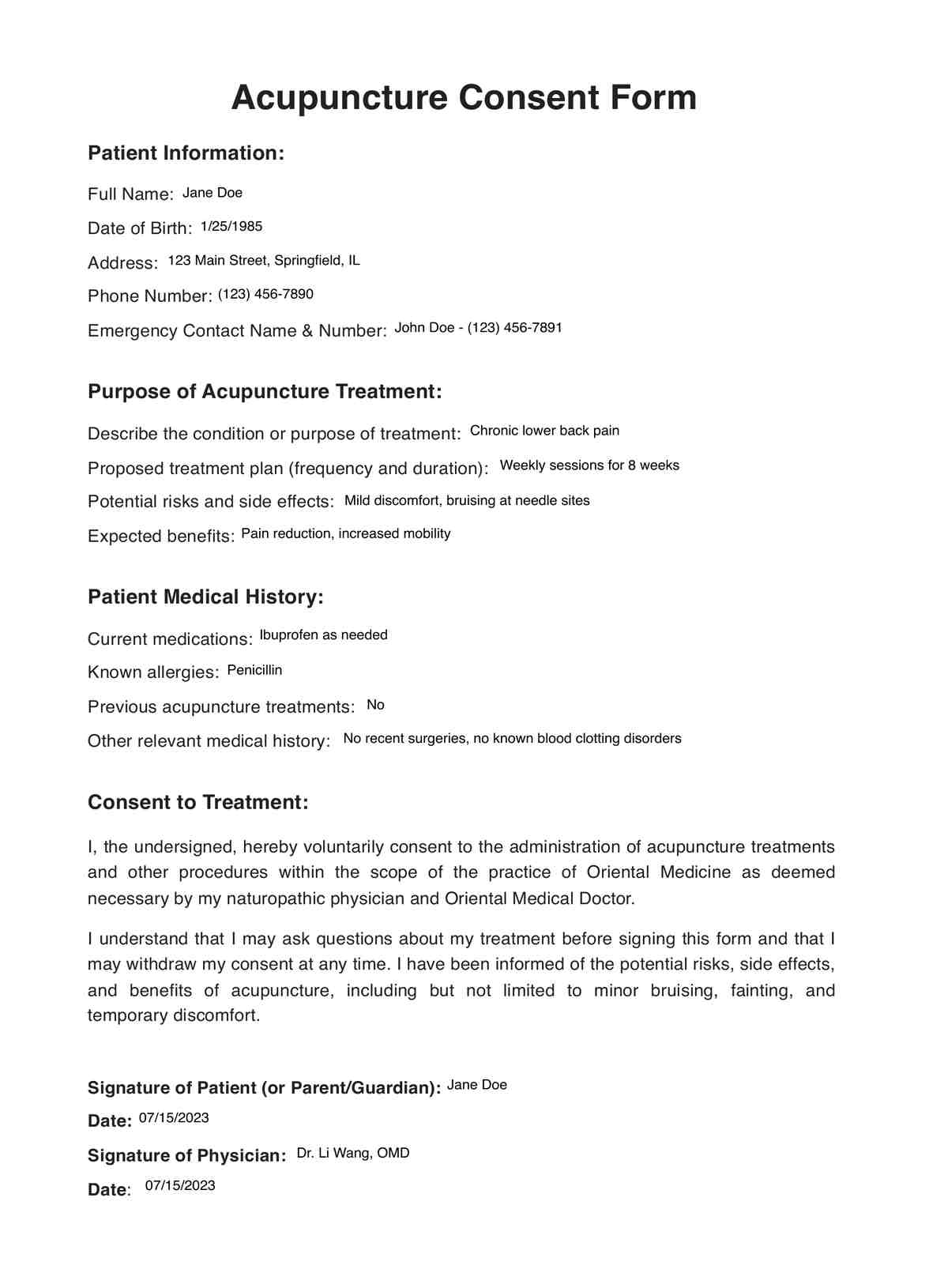 Acupuncture Consent Form U0026 Example Free PDF Download