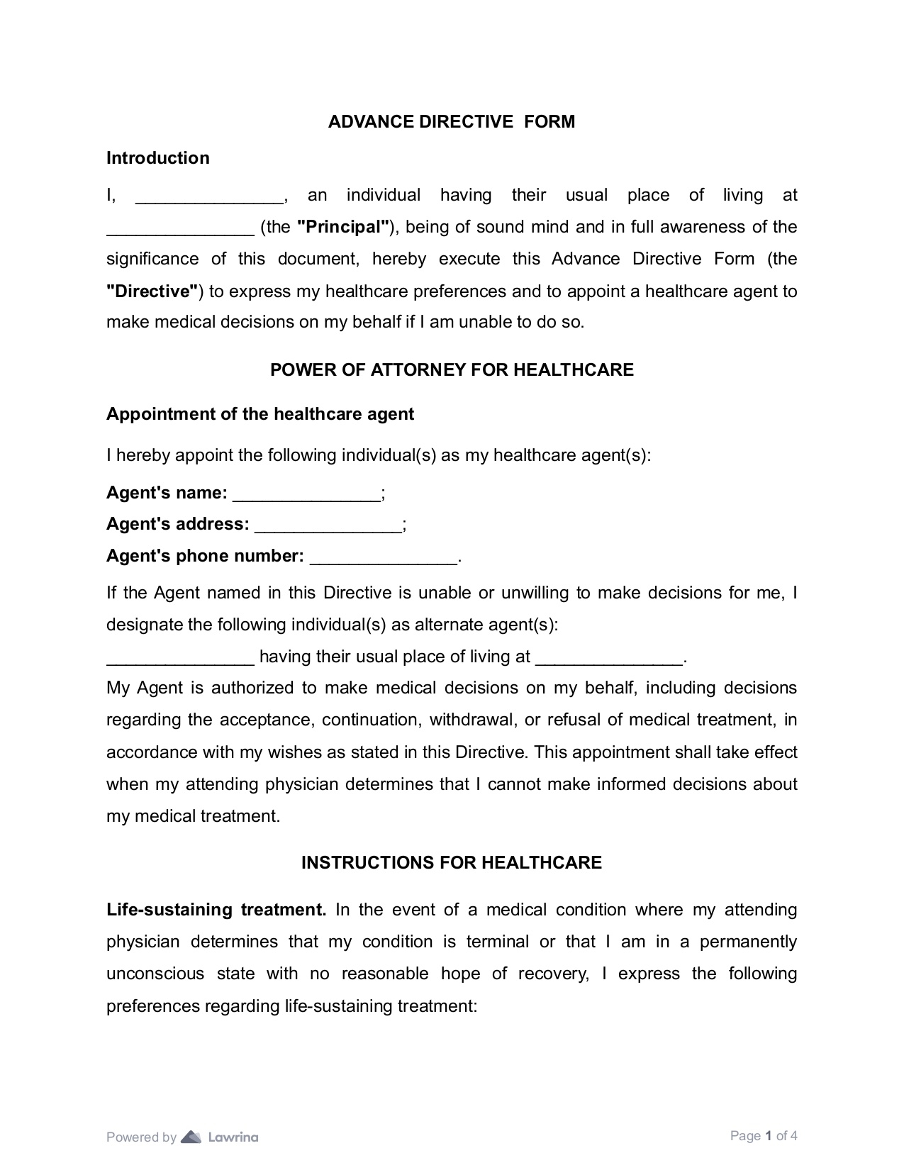 Advance Directive Form Template PDF Lawrina