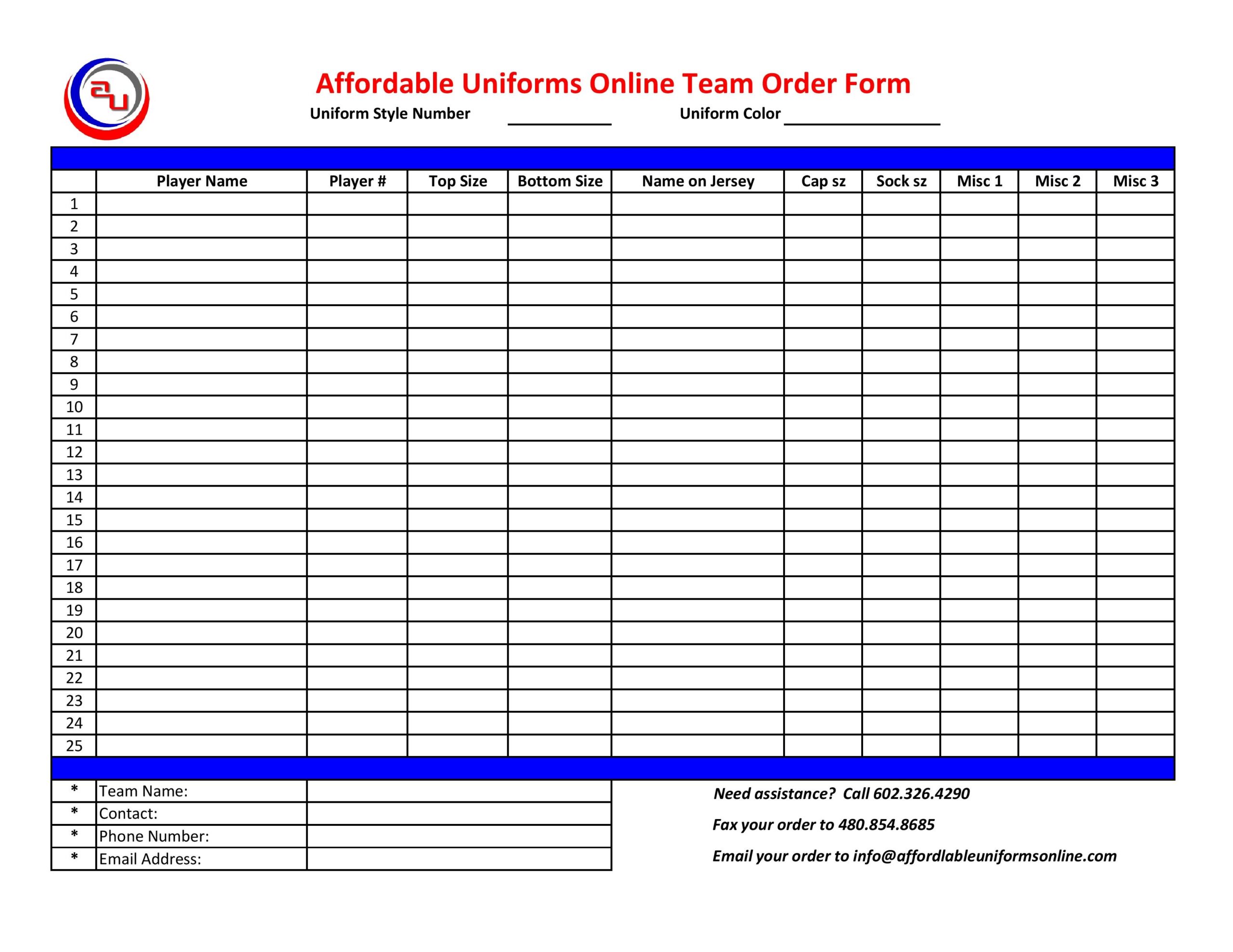 Affordable Uniforms Online Team Order Forms