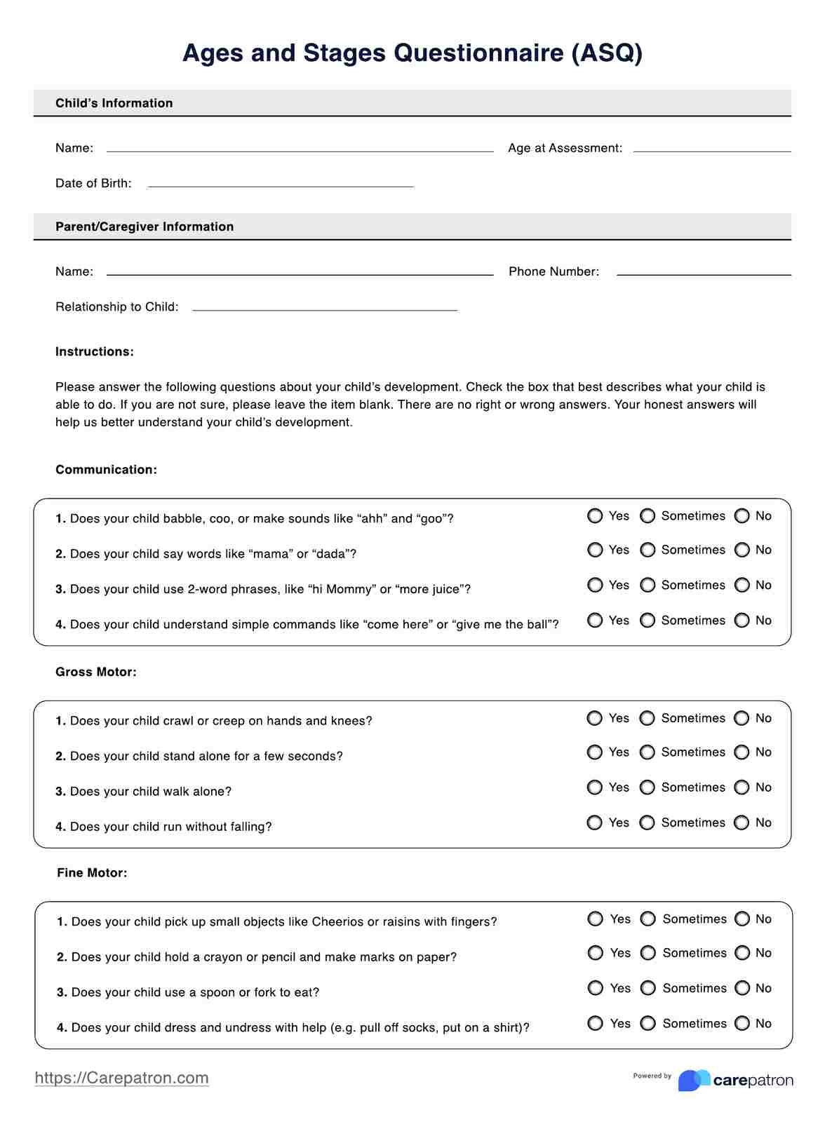 Ages And Stages Questionnaire U0026 Example Free PDF Download